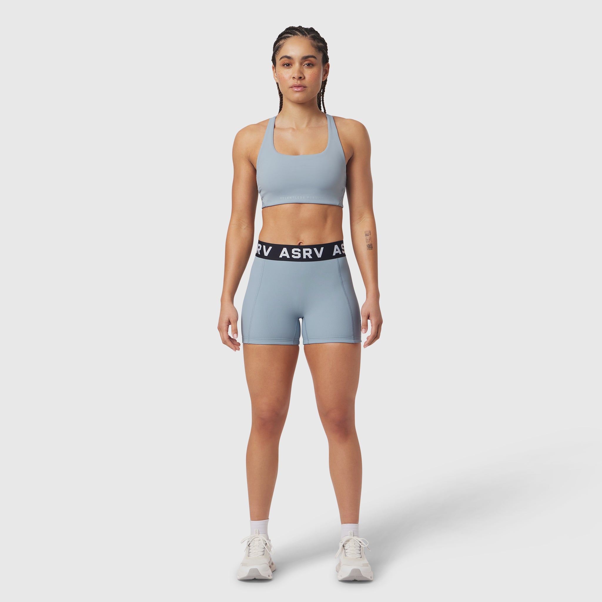 Lycra Ribbed Short in light sky, worn with matching sports bra, front view