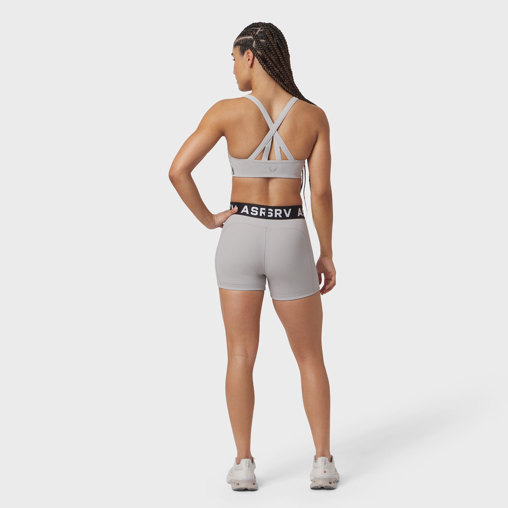 W027 Lycra Ribbed Short in slate grey, rear view on model