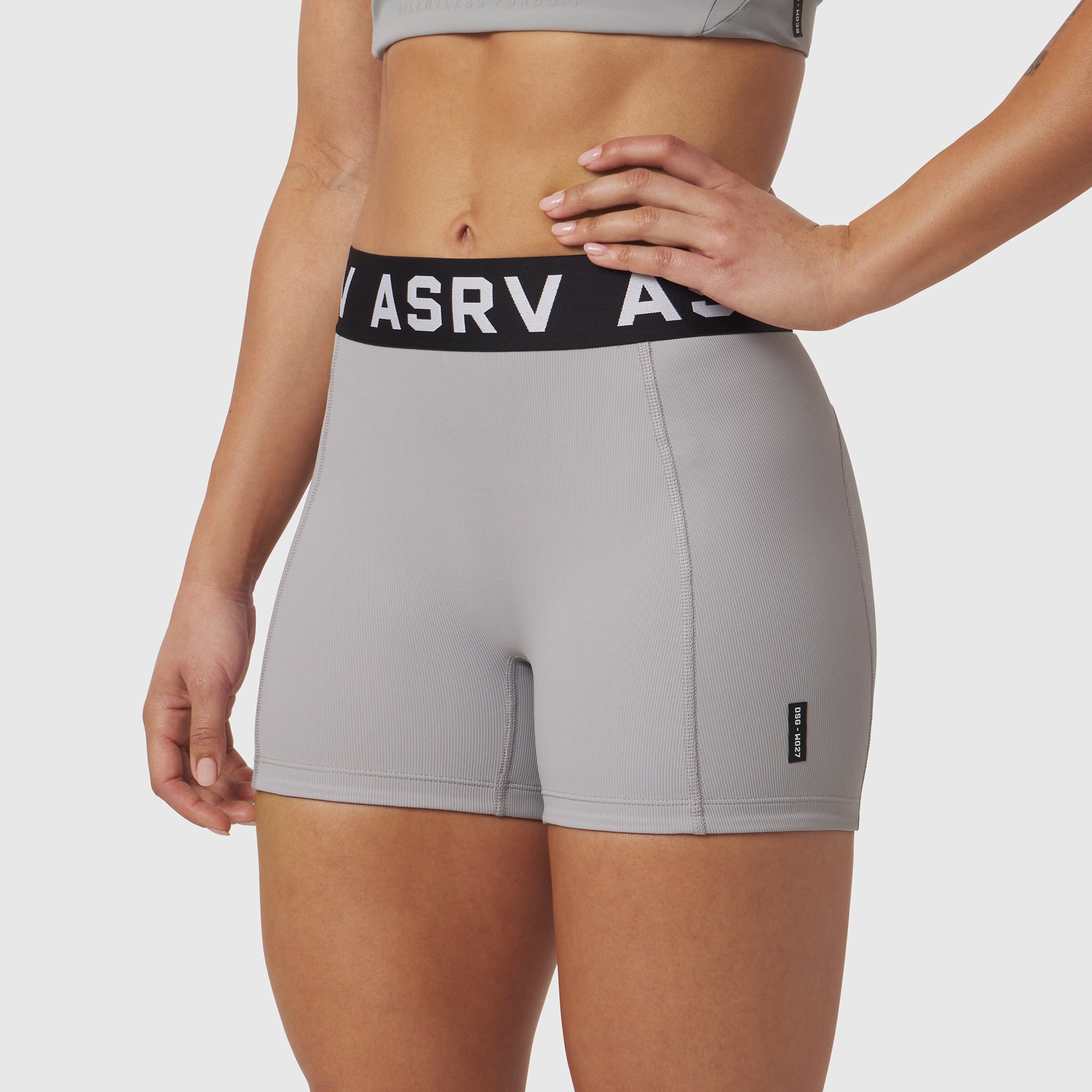 ASRV Lycra Ribbed Short in slate grey worn by model, front view