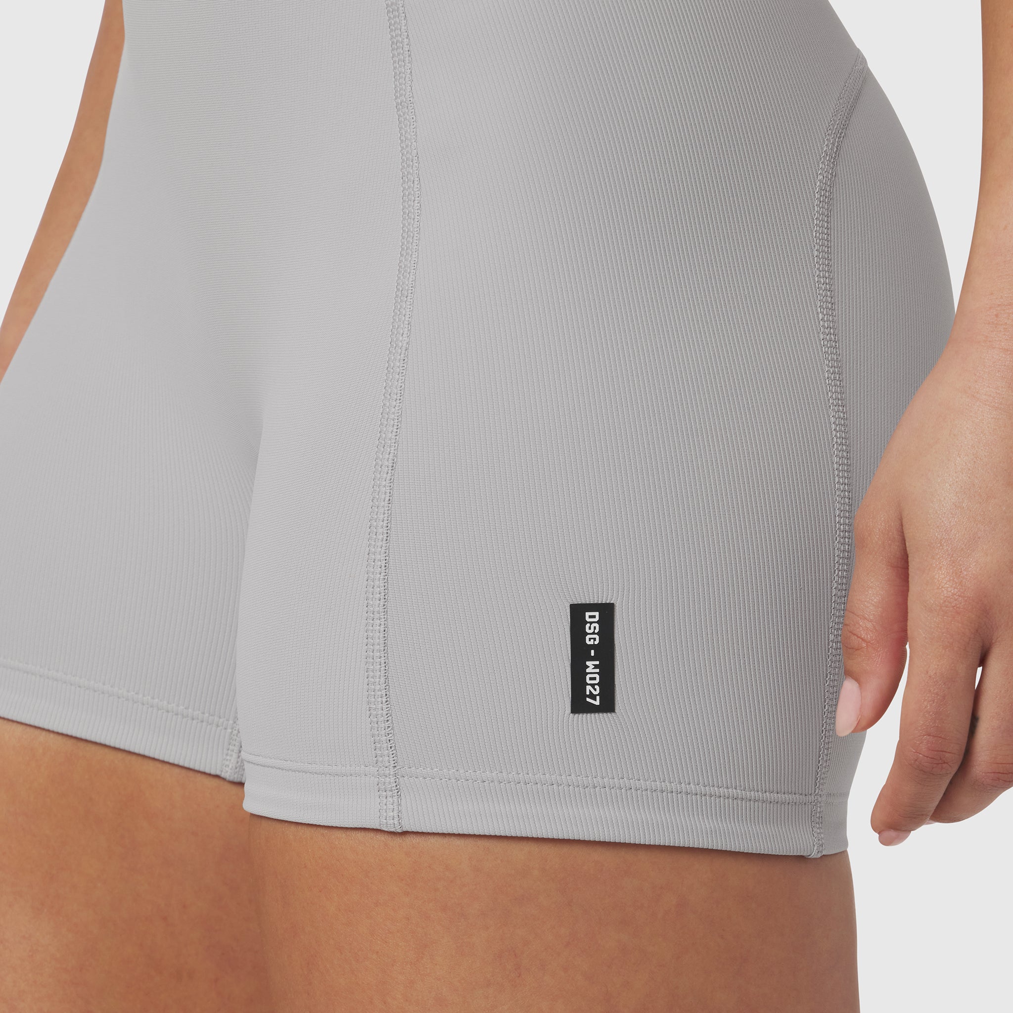 W027 Lycra Ribbed Short in Slate Grey, worn by model showing fit and side detail