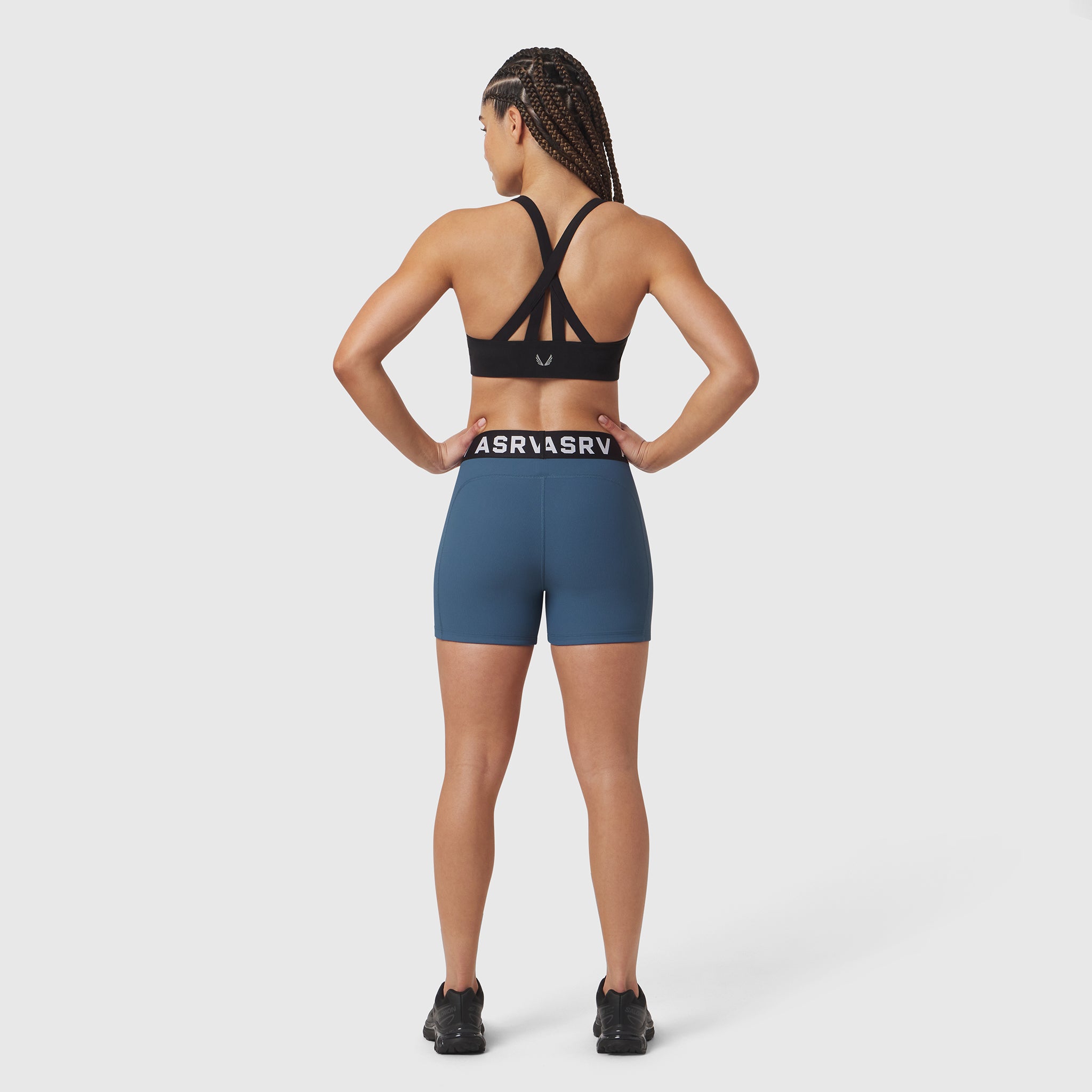 W027 Lycra Ribbed Short in storm blue, rear view on model