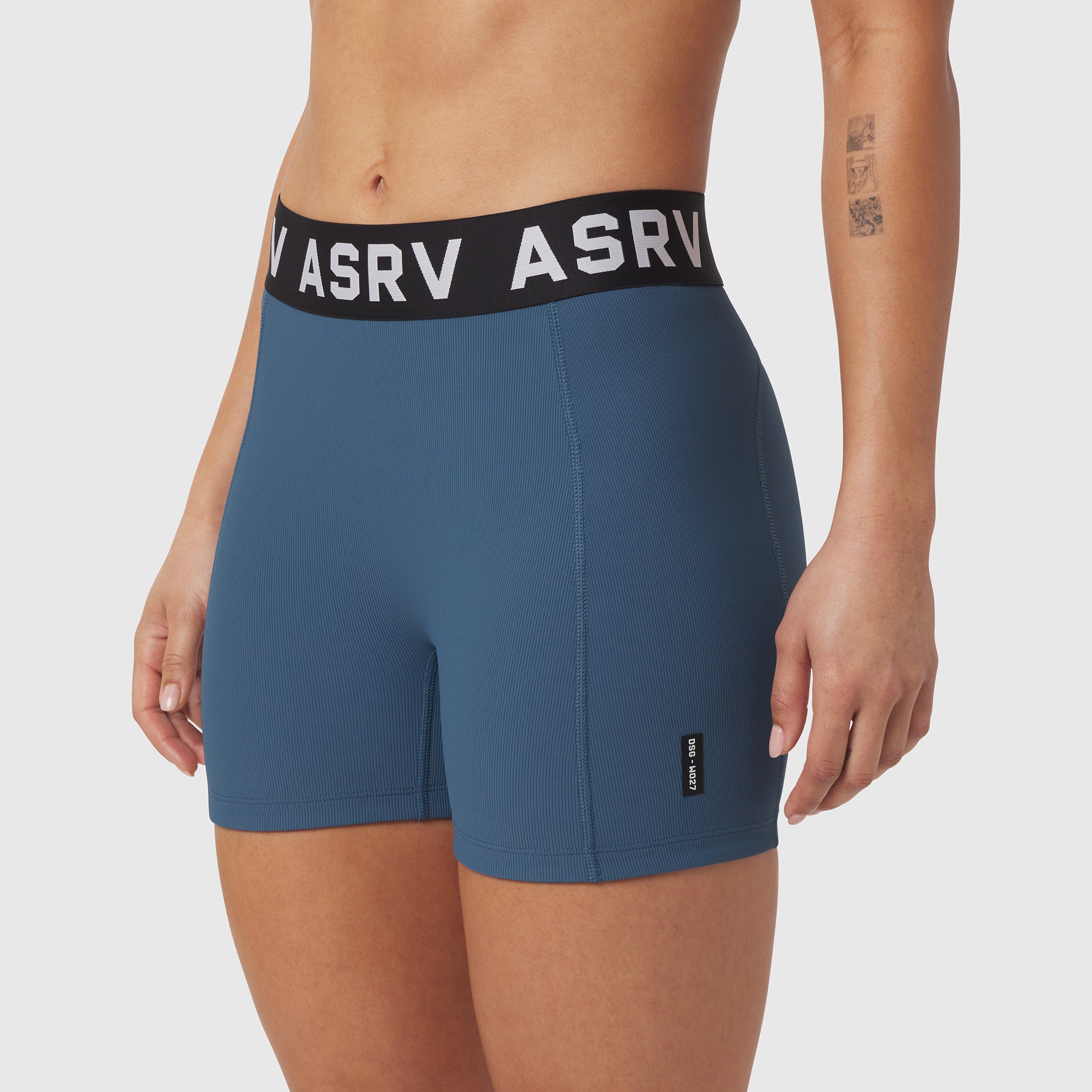 ASRV Lycra Ribbed Short in storm blue, worn by model, front view