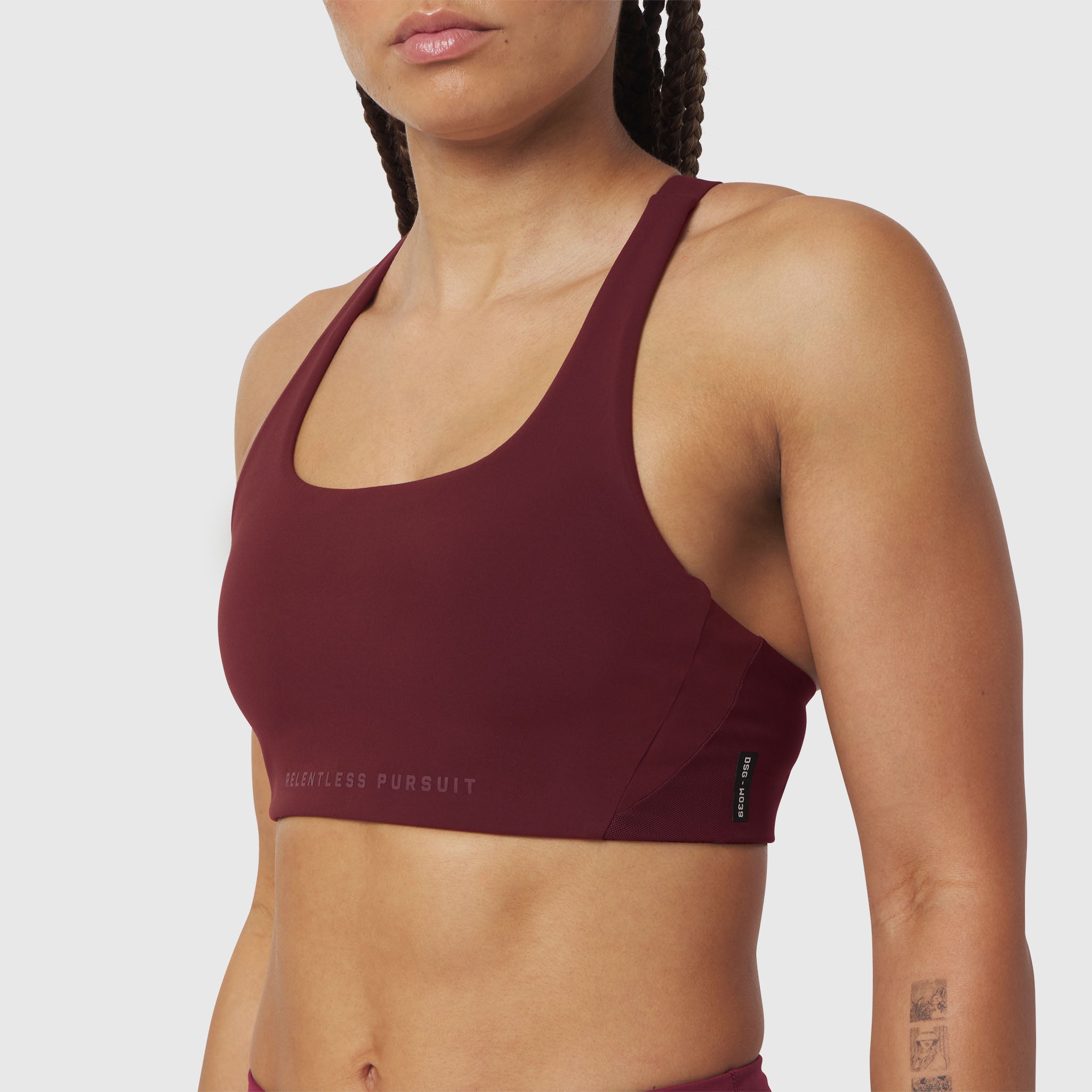 Crimson Lycra Hybrid Sports Bra worn by model, front view