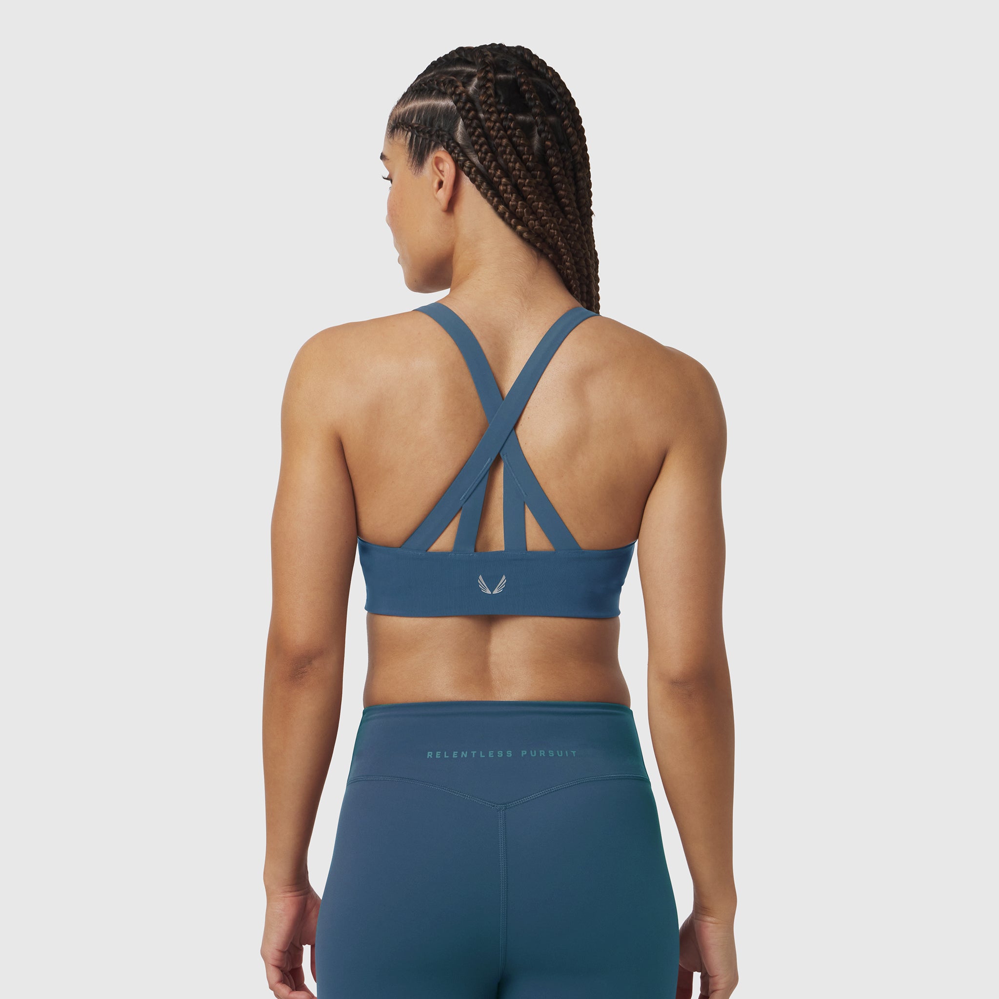 W039 Lycra Hybrid Sports Bra in Storm, back view with strappy design