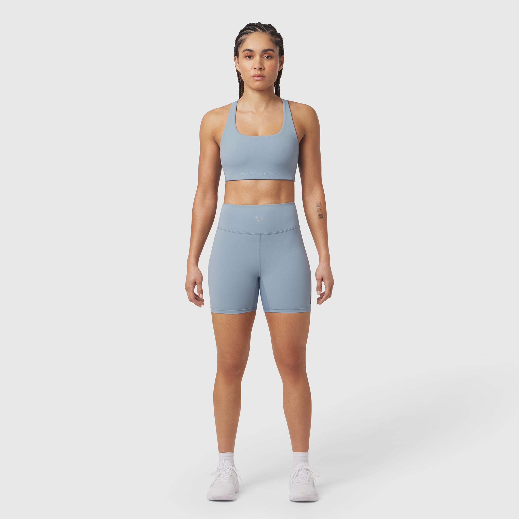 LYCRA® ADAPTIV Biker Short in Light Sky, model front view