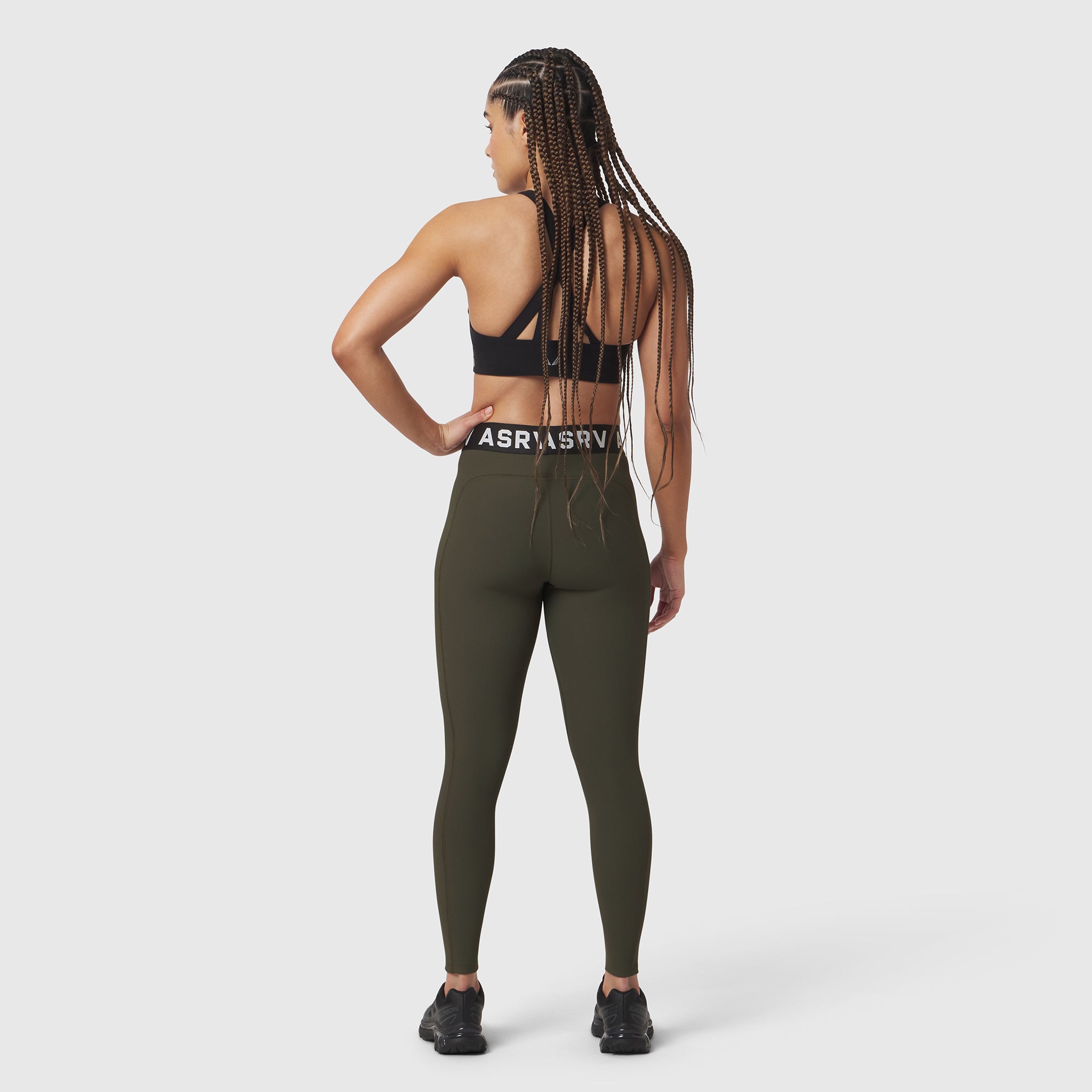 W071 Lycra Ribbed Legging in olive, rear view on model