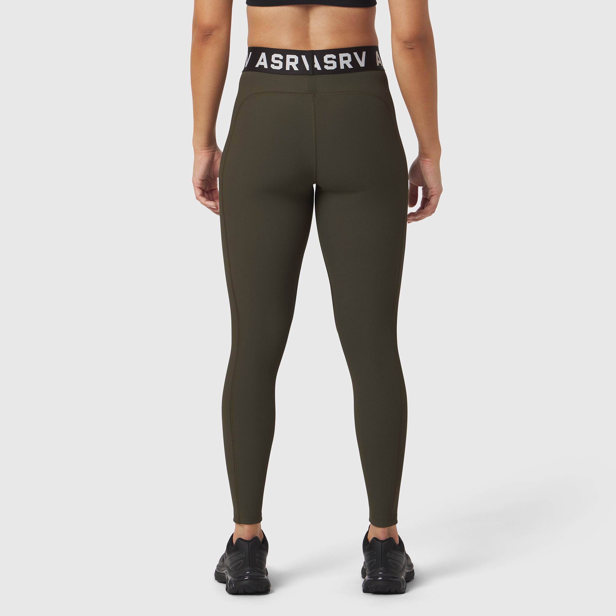 W071 Lycra Ribbed Legging in olive, rear view on model