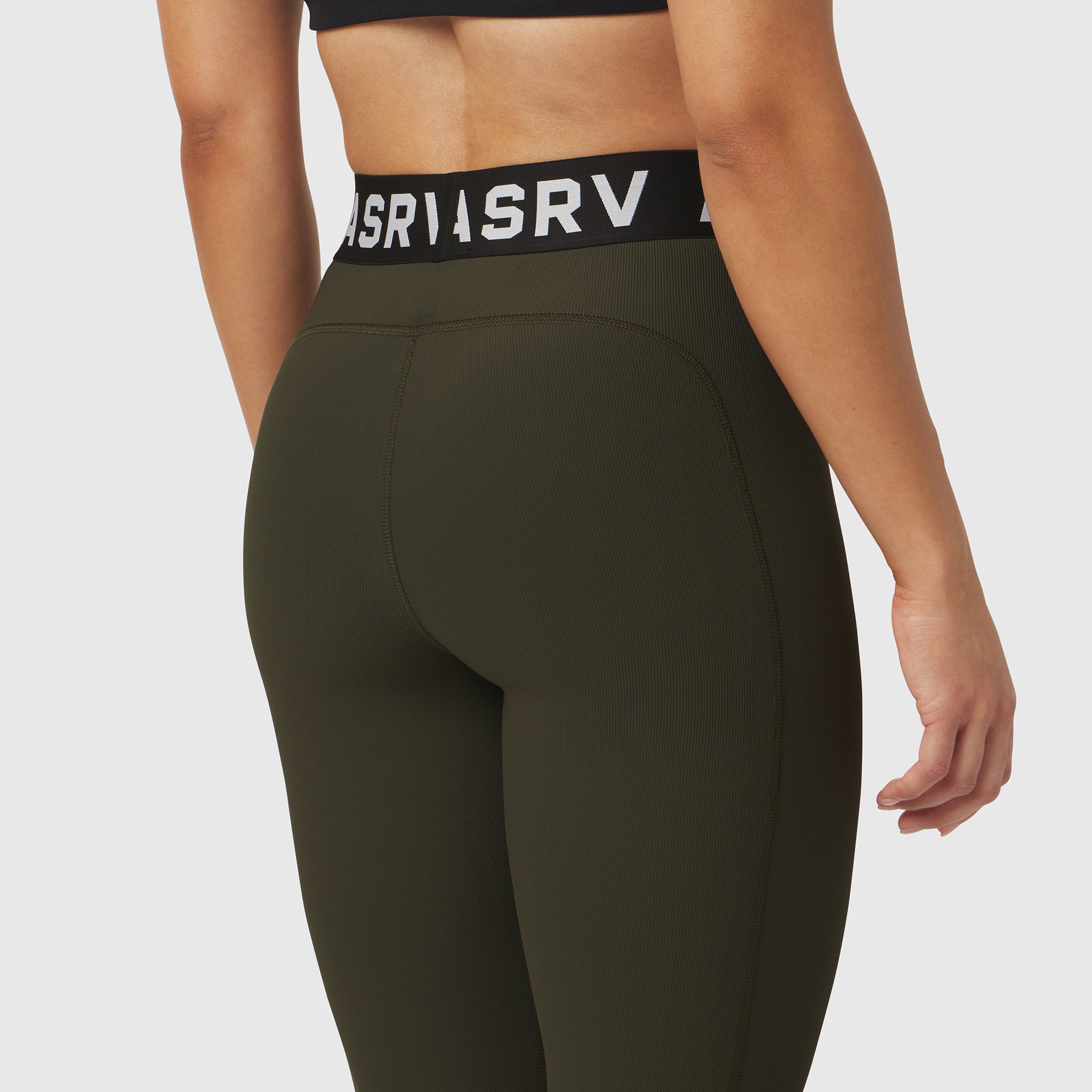 W071 Lycra Ribbed Legging in olive, rear view on model