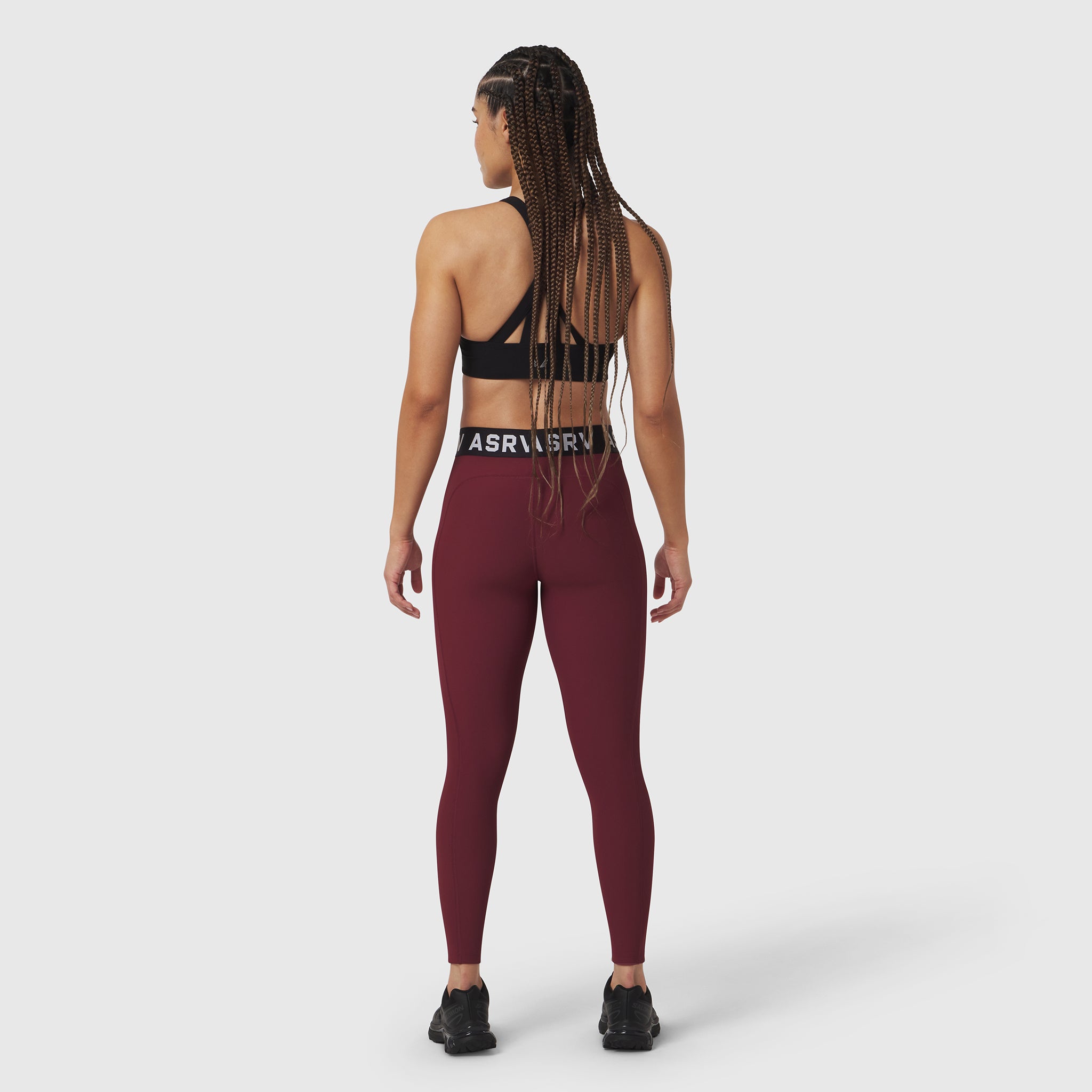 W071 Lycra Ribbed Legging in crimson, back view on model