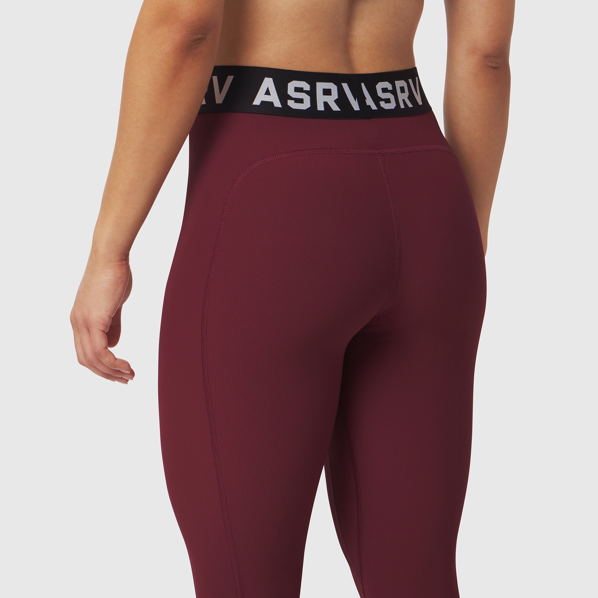 W071 Lycra Ribbed Legging in Crimson, rear view on model