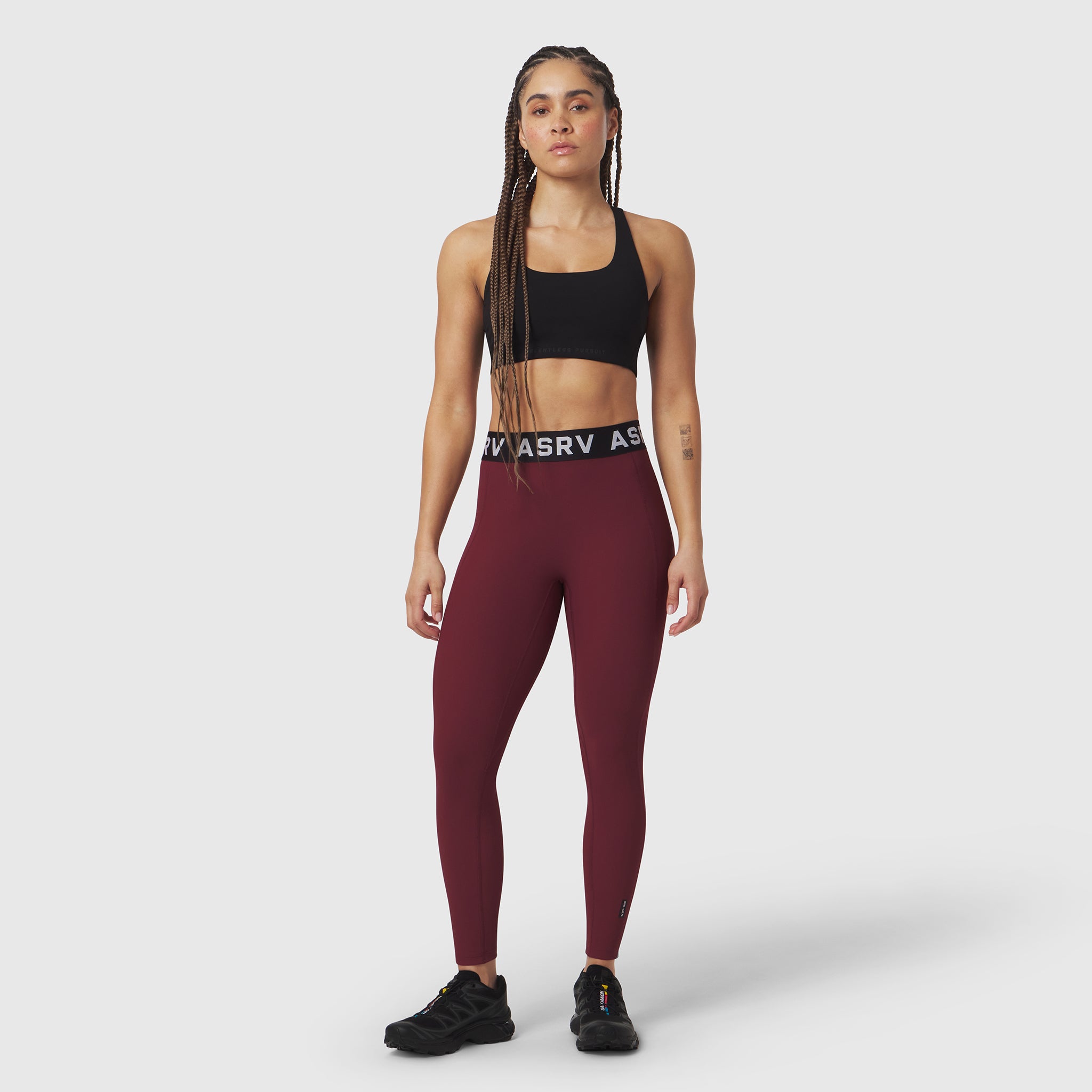 W071 Lycra Ribbed Legging in crimson worn by model, front view