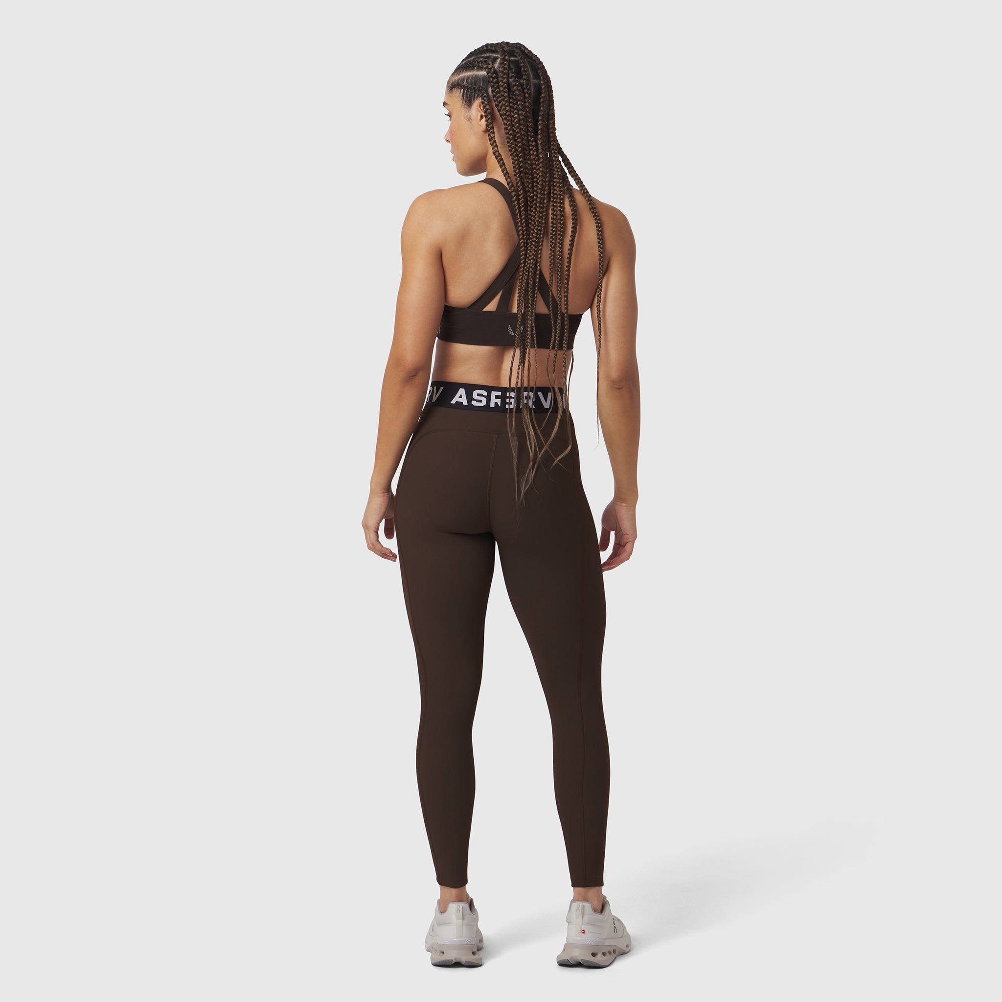 W071 Lycra Ribbed Legging in Dark Earth, back view on model
