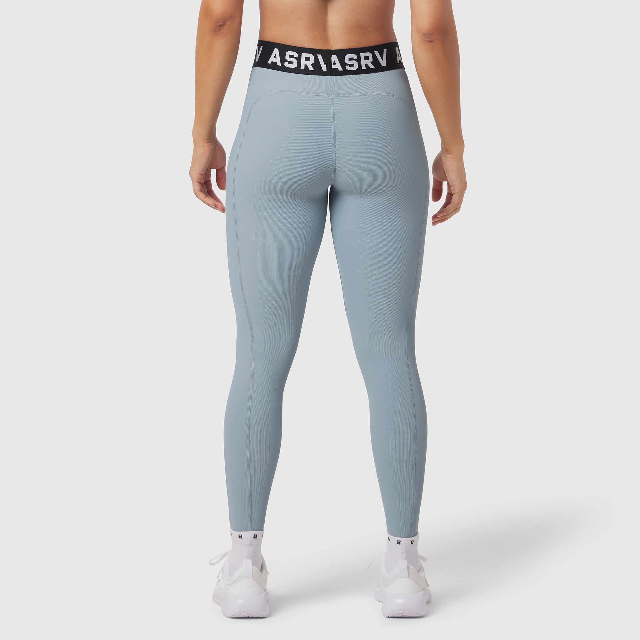 W071 Lycra Ribbed Legging in light sky, rear view on model