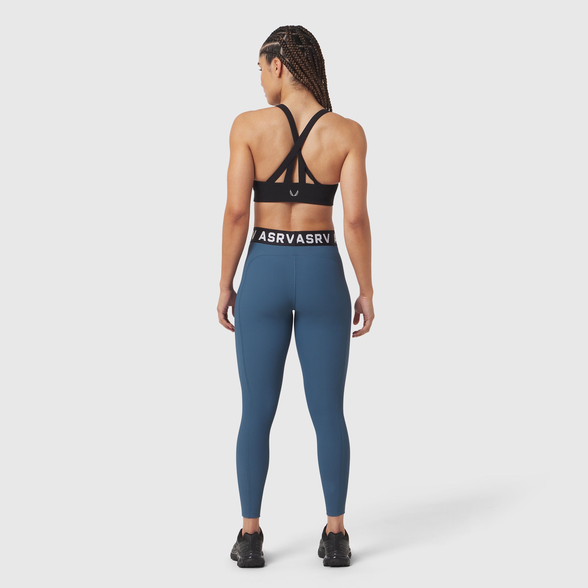 W071 Lycra Ribbed Legging in storm blue, back view on model