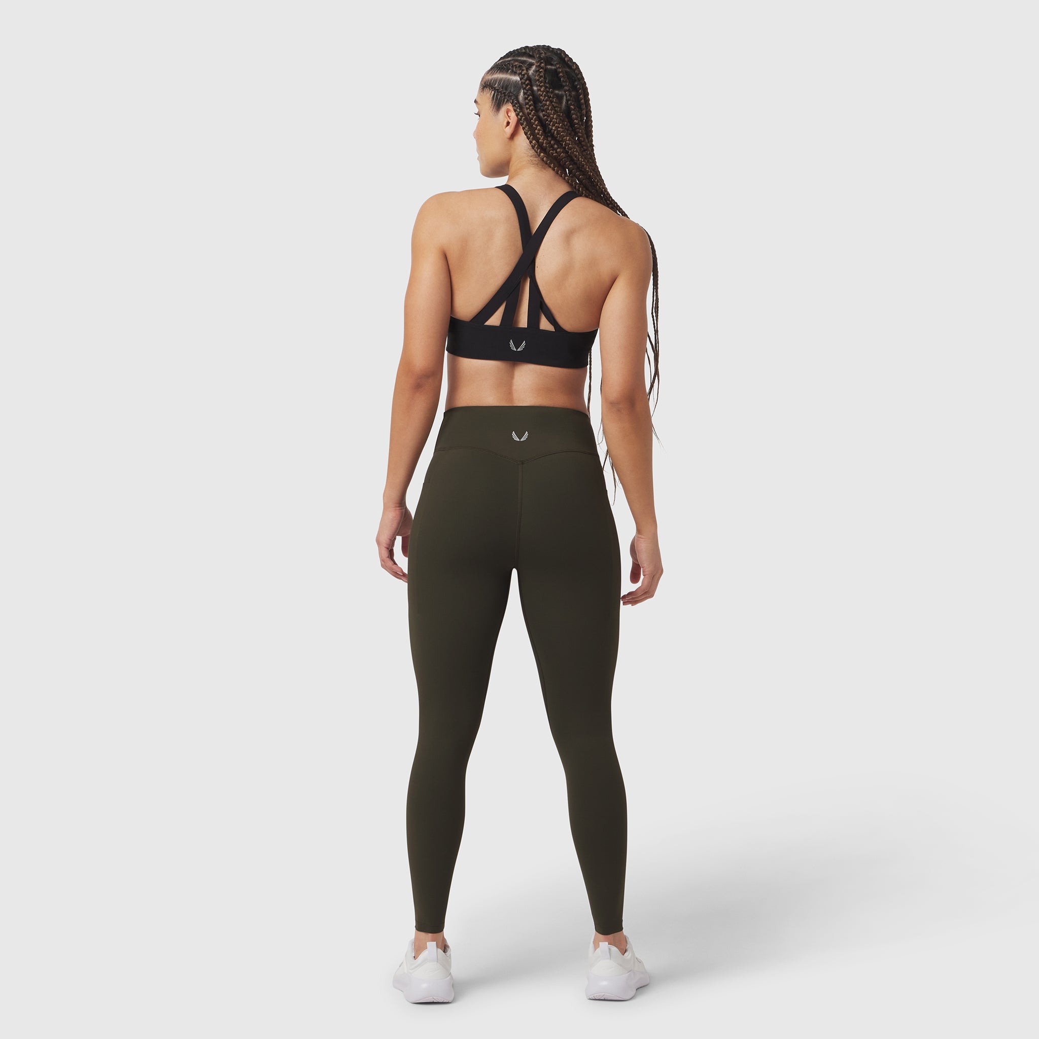 W072 LYCRA® ADAPTIV 4 Pocket Legging in olive, rear view on model