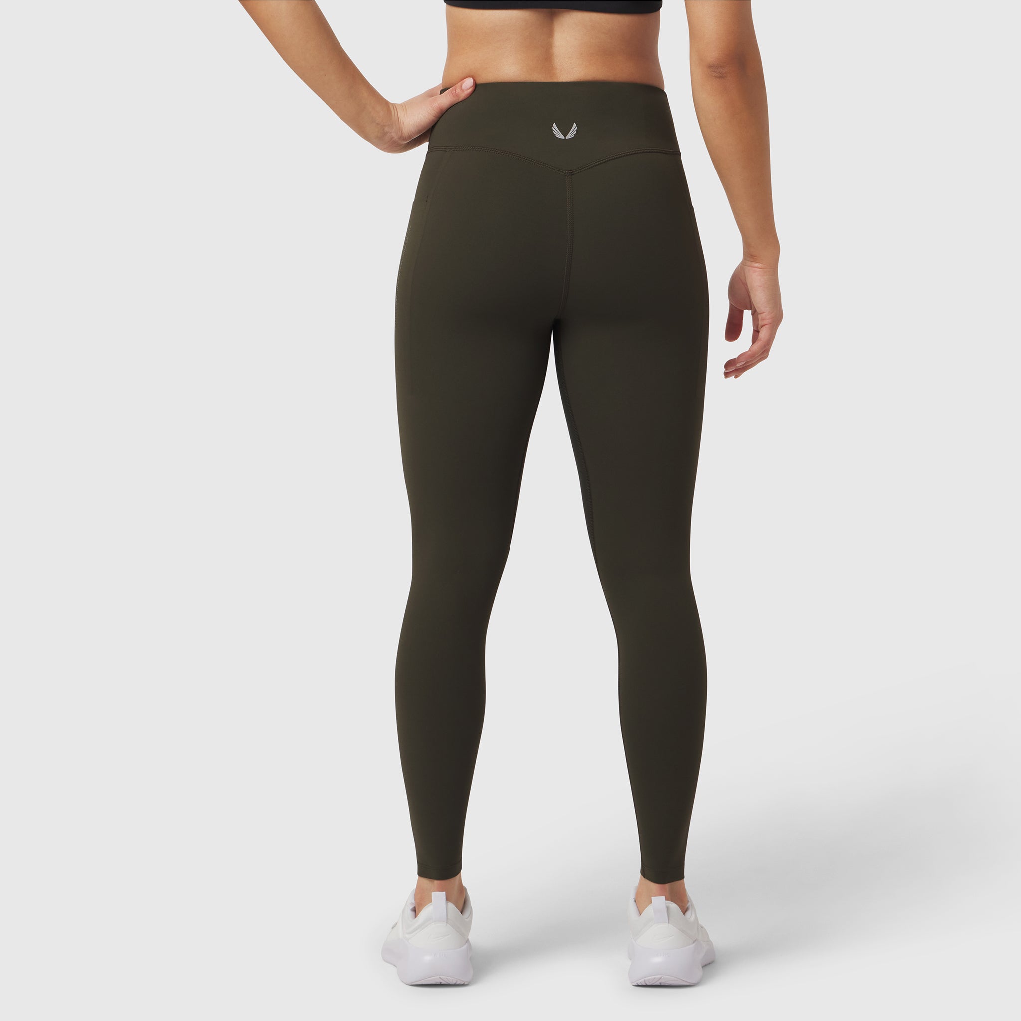 W072 LYCRA® ADAPTIV 4 Pocket Legging in olive, worn by model, back view