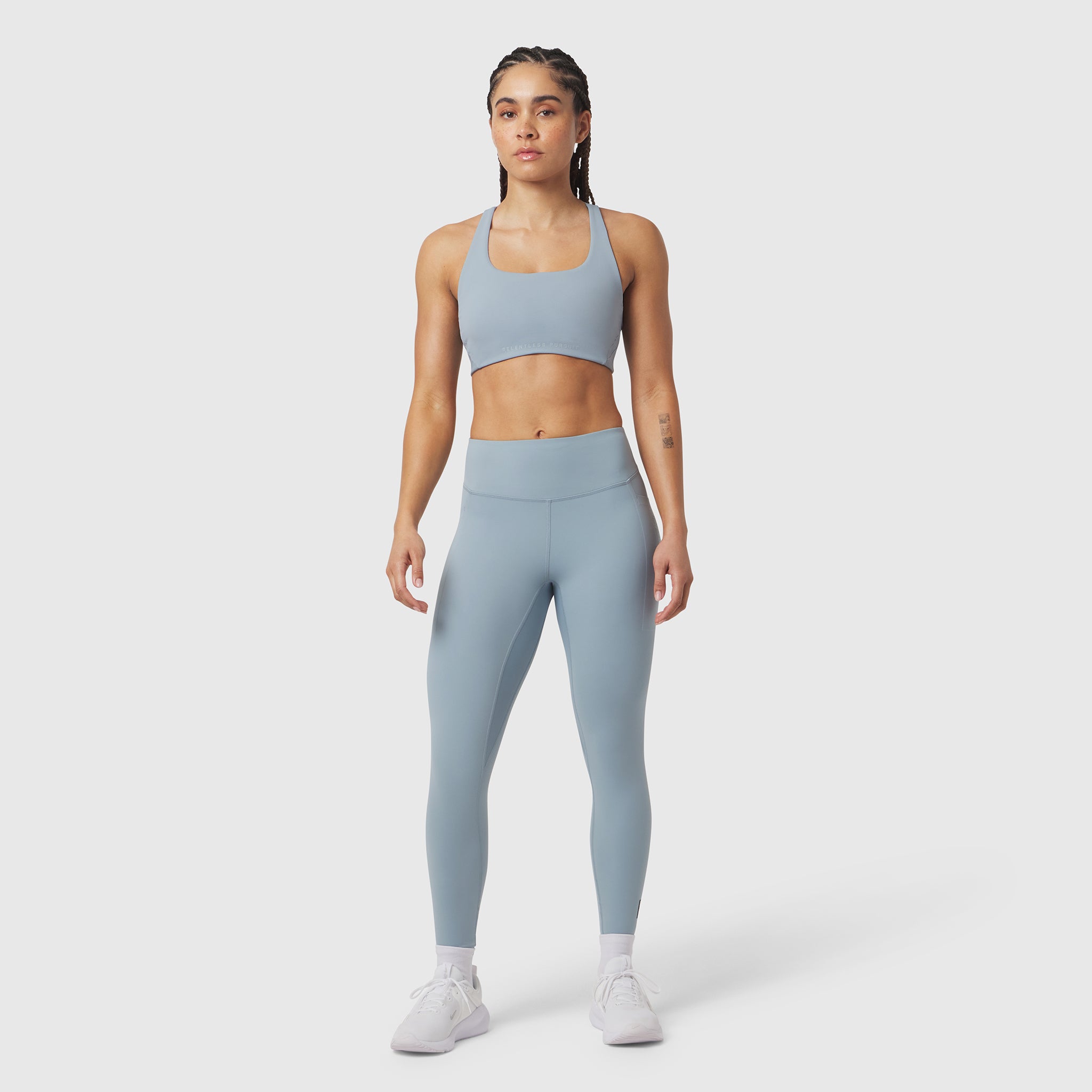 W072 LYCRA® ADAPTIV 4 Pocket Legging in Light Sky, worn by model, front view