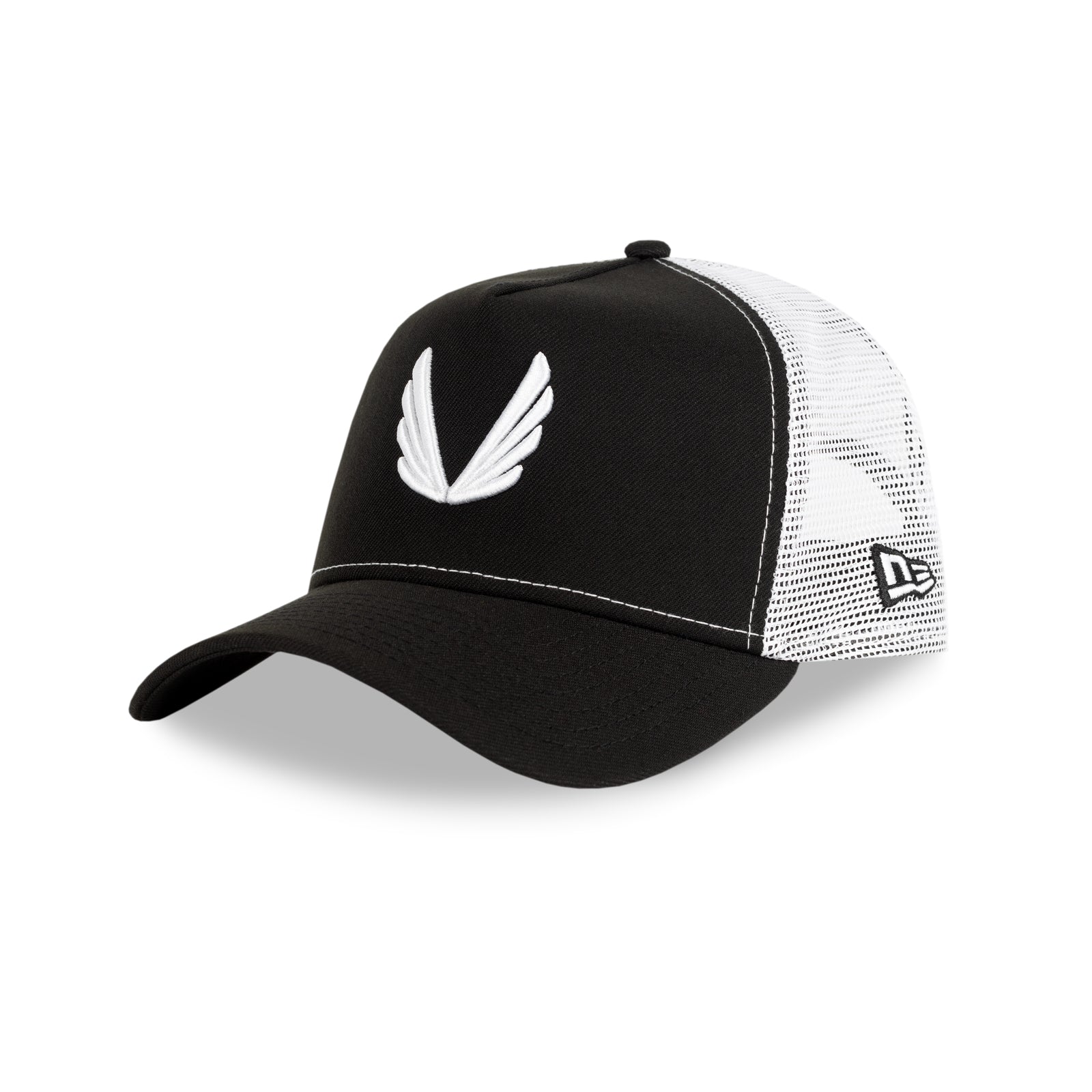 New Era 9Forty A-Frame Trucker Hat in black and white with white wings logo, angled side view