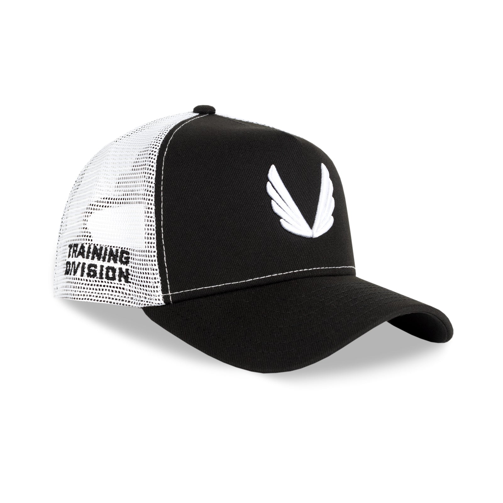 New Era 9Forty A-Frame Trucker Hat in black and white with white wings logo, front angled view
