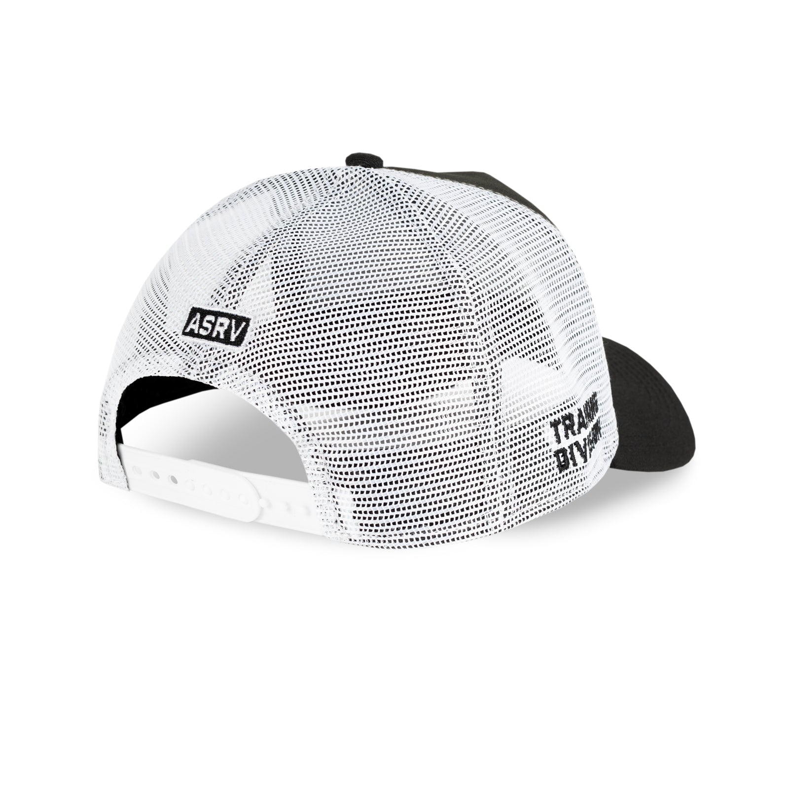 flatlay New Era 9Forty A-Frame Trucker Hat in black and white, back view