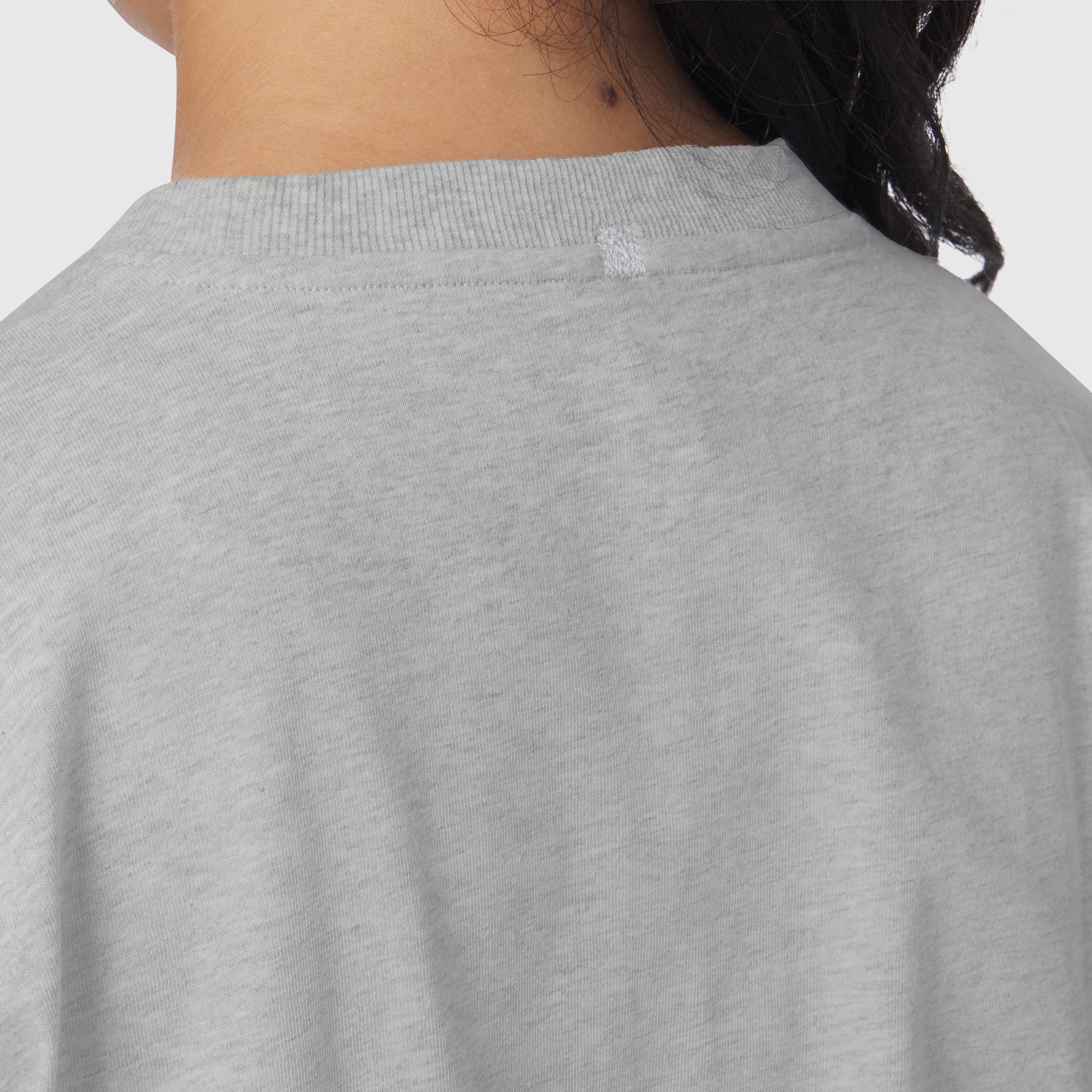 Distressed Relaxed Tee in Heather Grey, back view on model