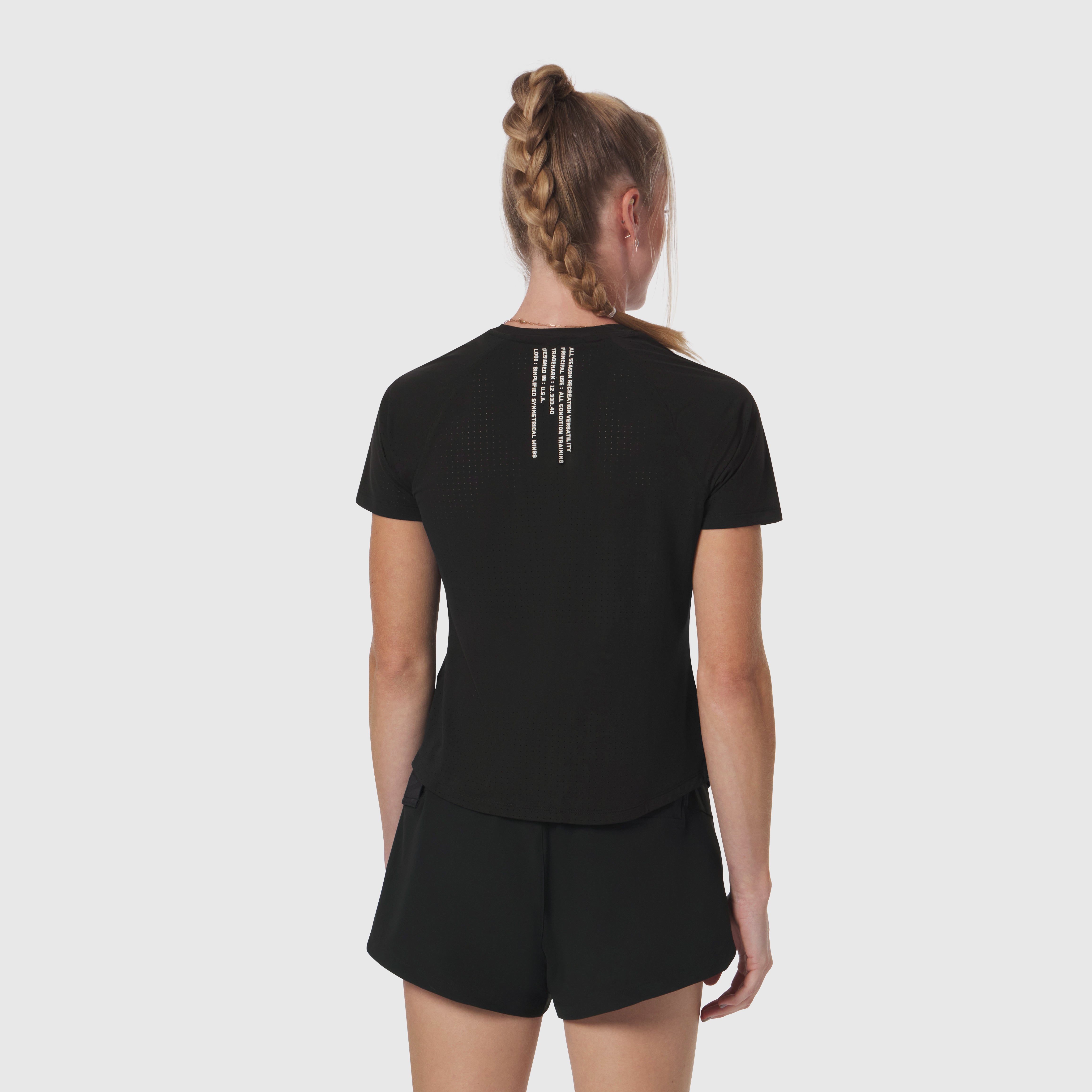 Black Laser-Vent Established Tee worn by model, back view showing text detail