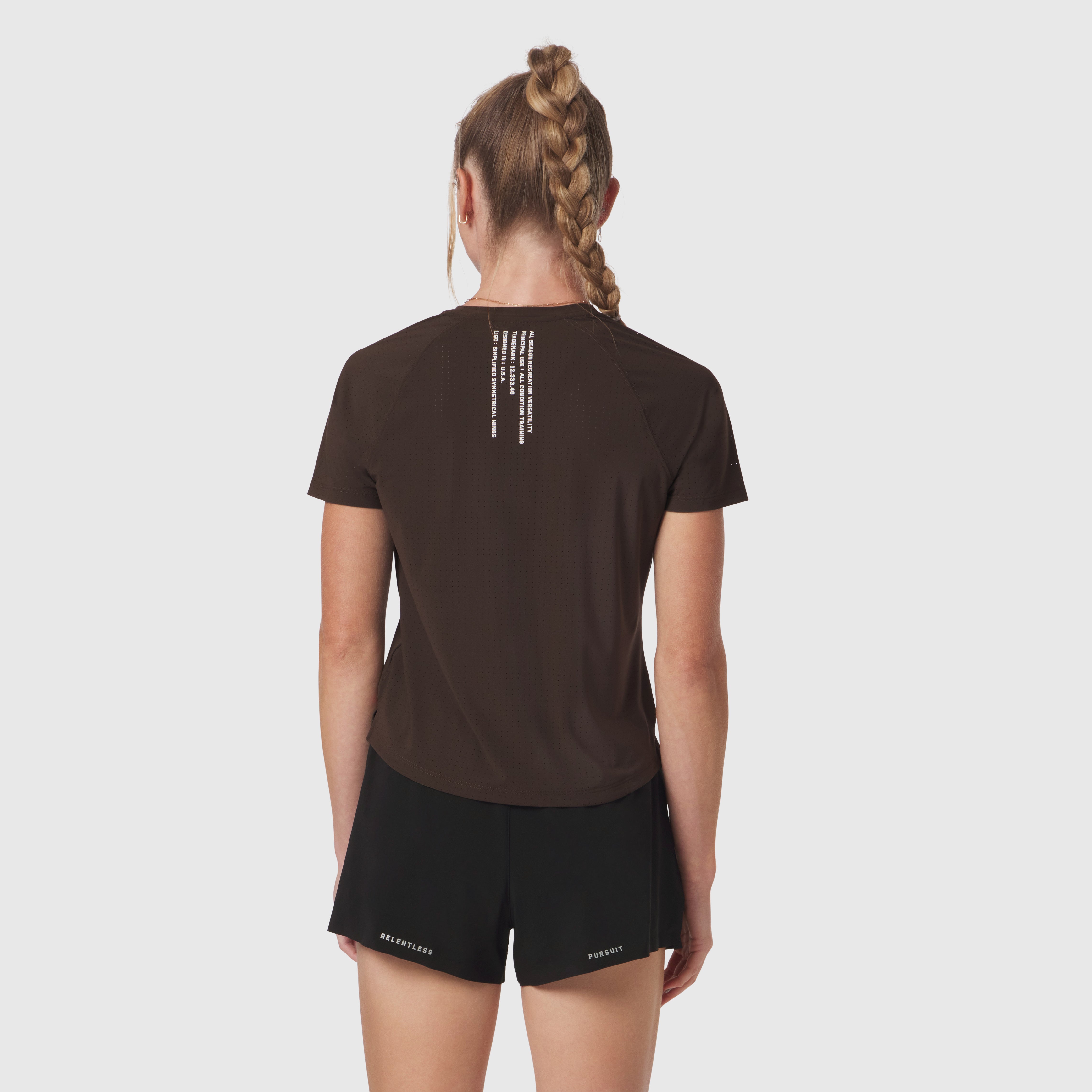 Dark earth Laser-Vent Established Tee worn by model, back view