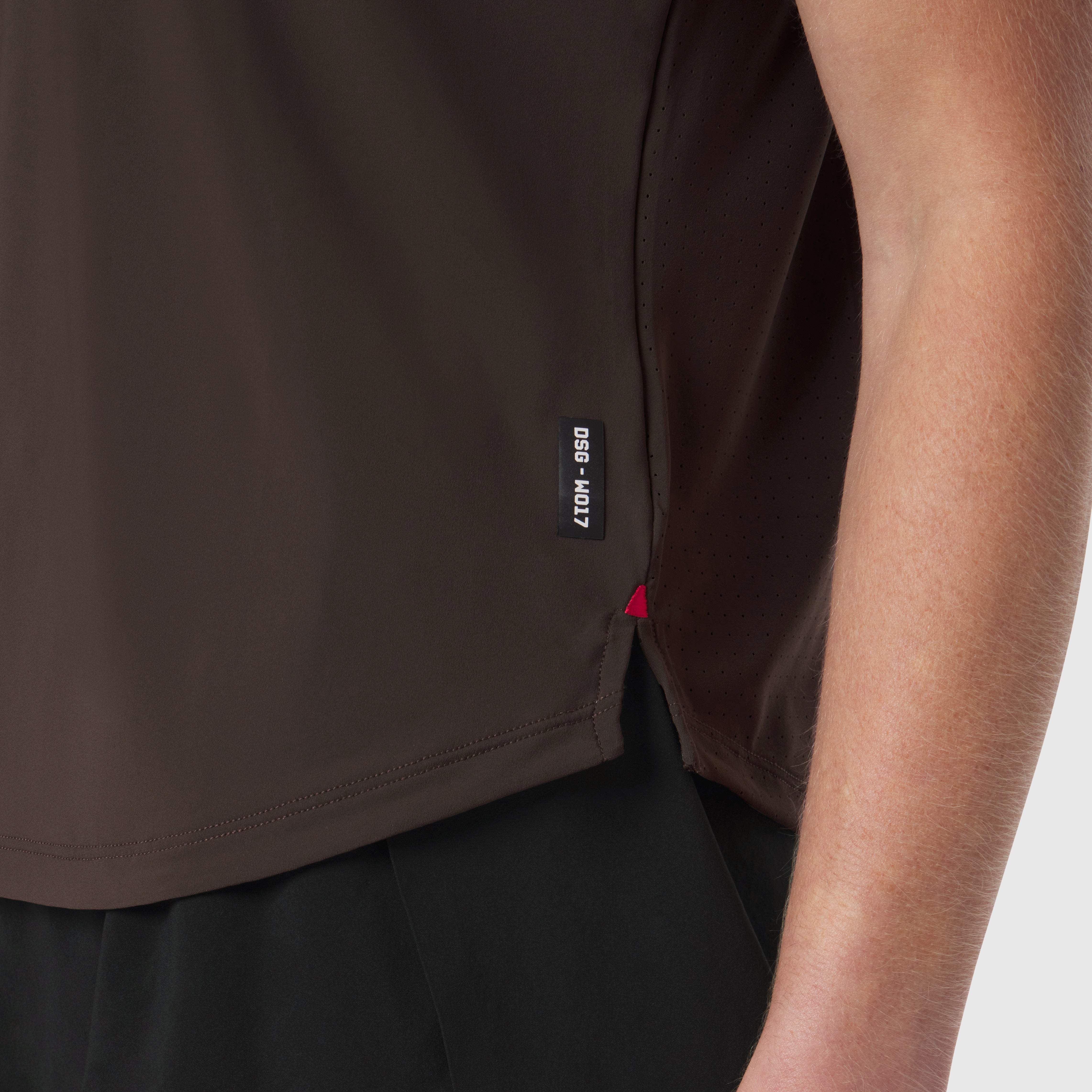 Laser-Vent Established Tee in Dark Earth worn by model, side view showing fit