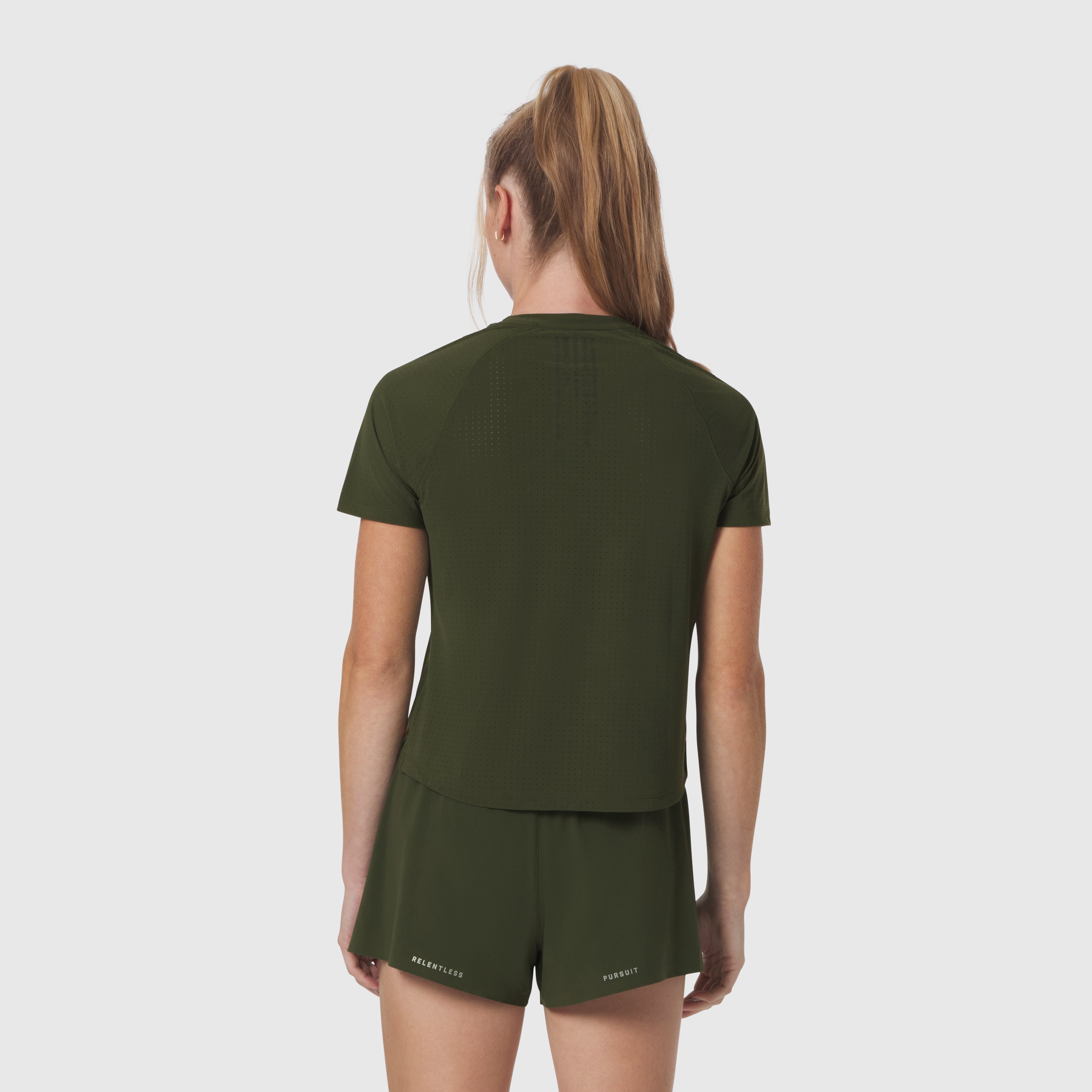 Laser-Vent Established Tee in olive worn by model, back view