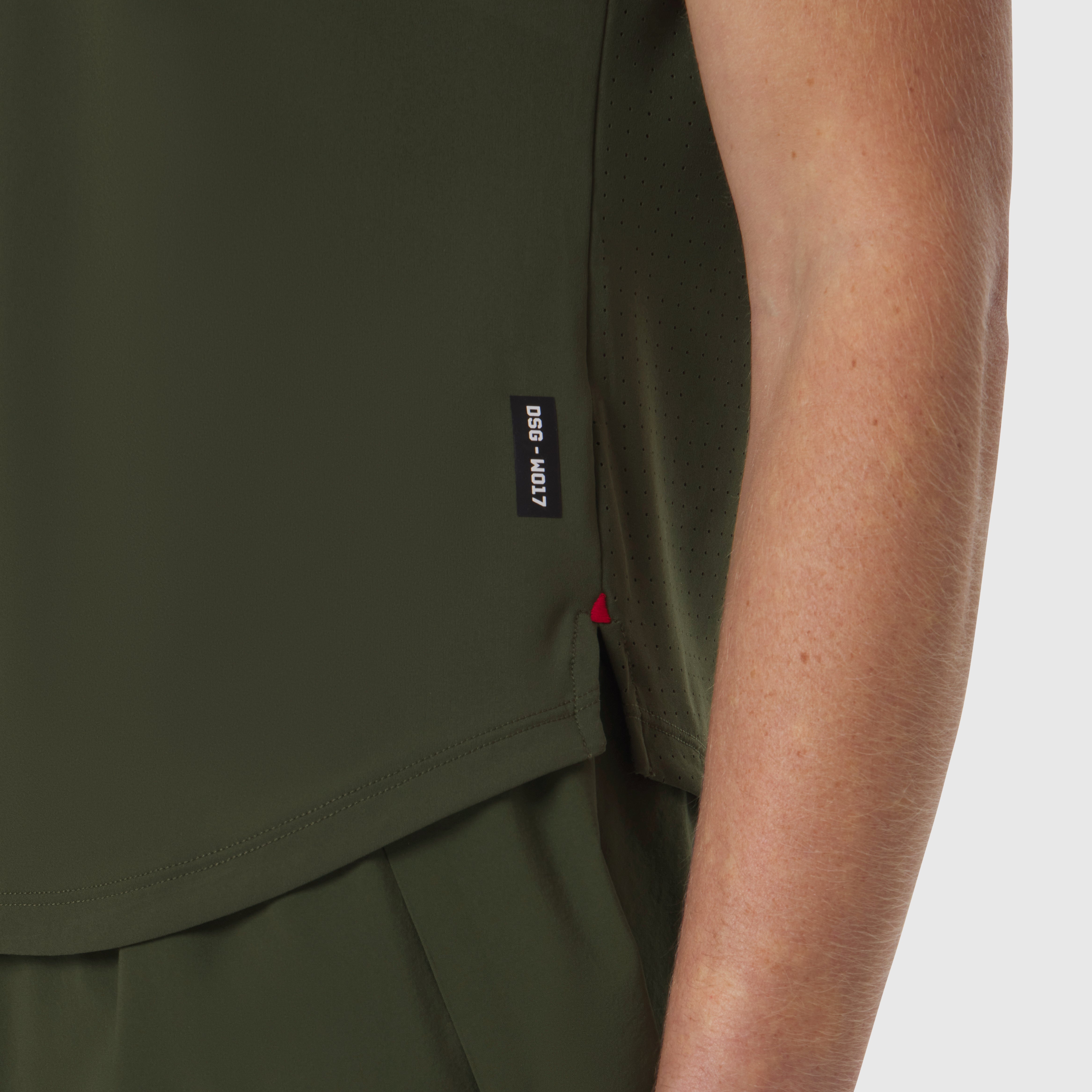 Laser-Vent Established Tee in olive worn by model, side detail view