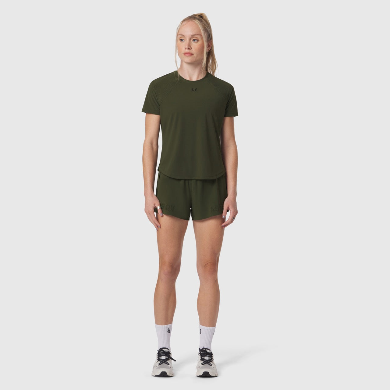 Laser-Vent Established Tee in olive worn with matching shorts, front view