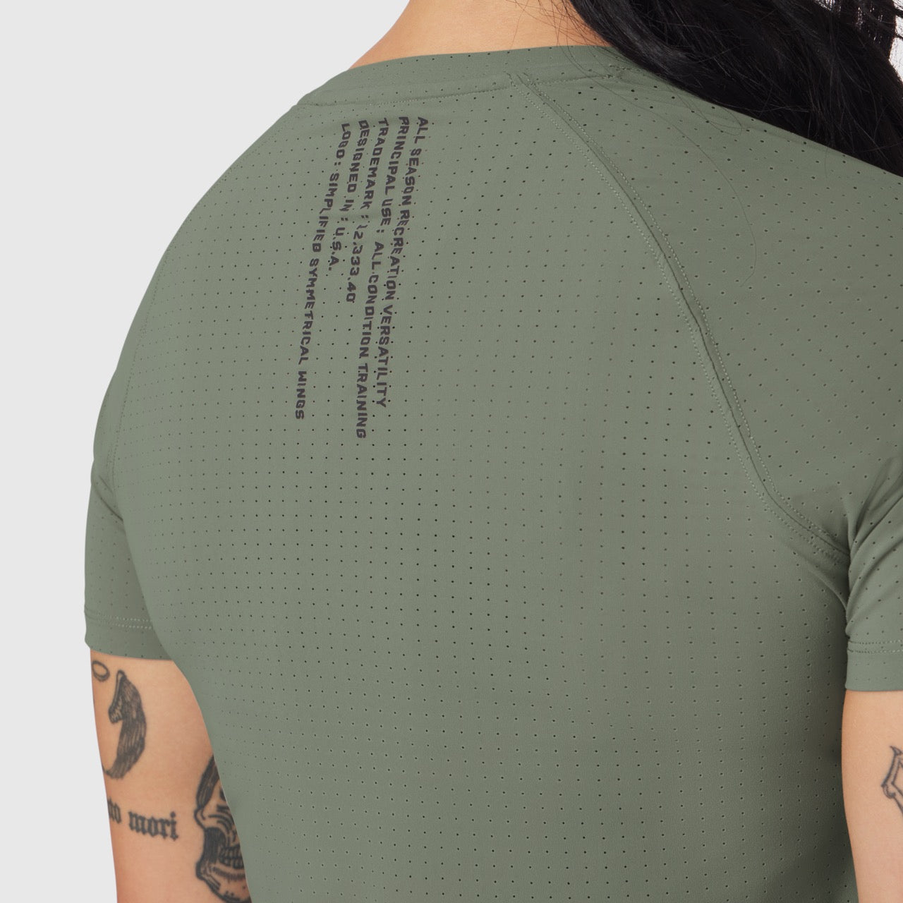 Laser-Vent Established Tee in sage worn by model, back view showing perforated fabric