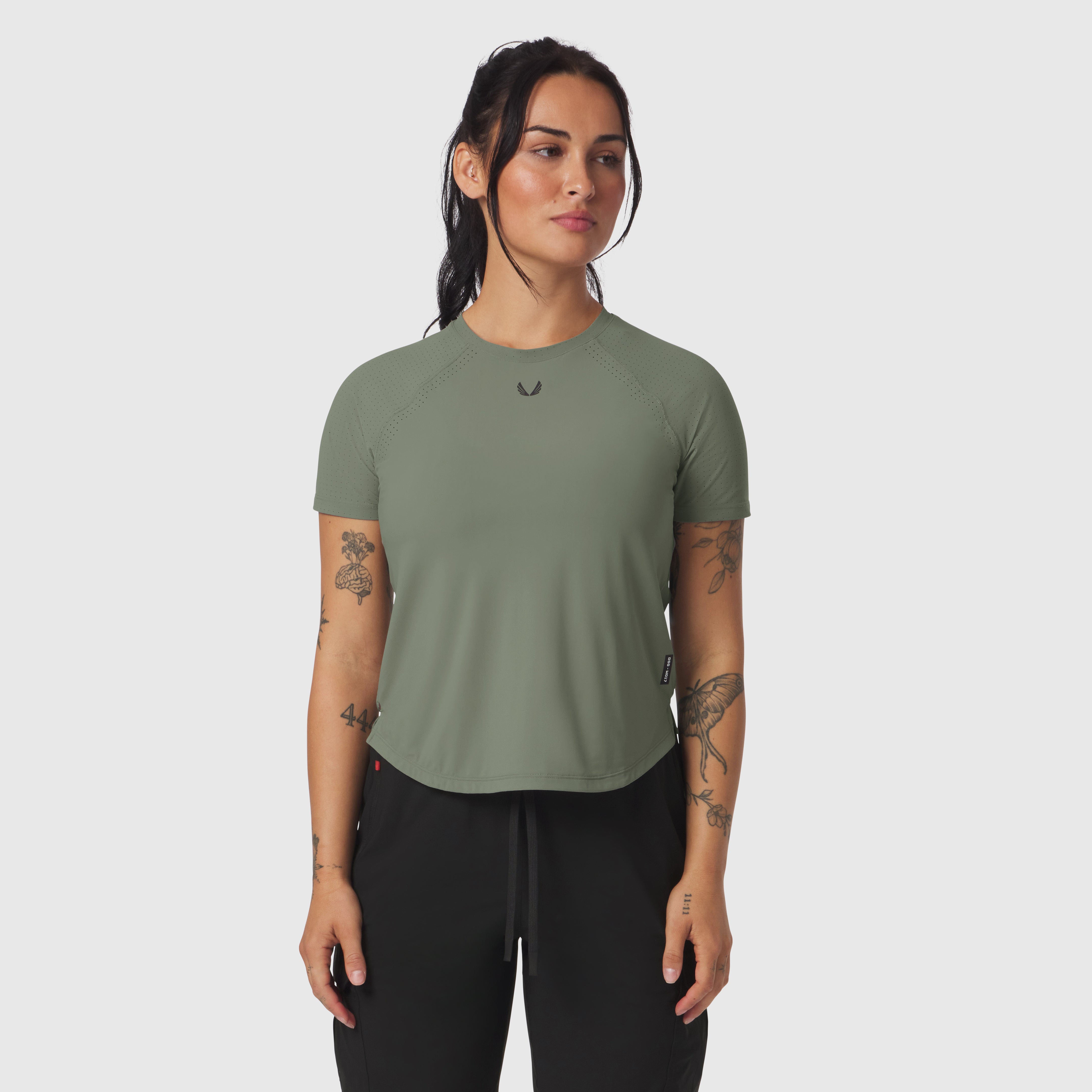 Sage green Laser-Vent Established Tee on model, front view