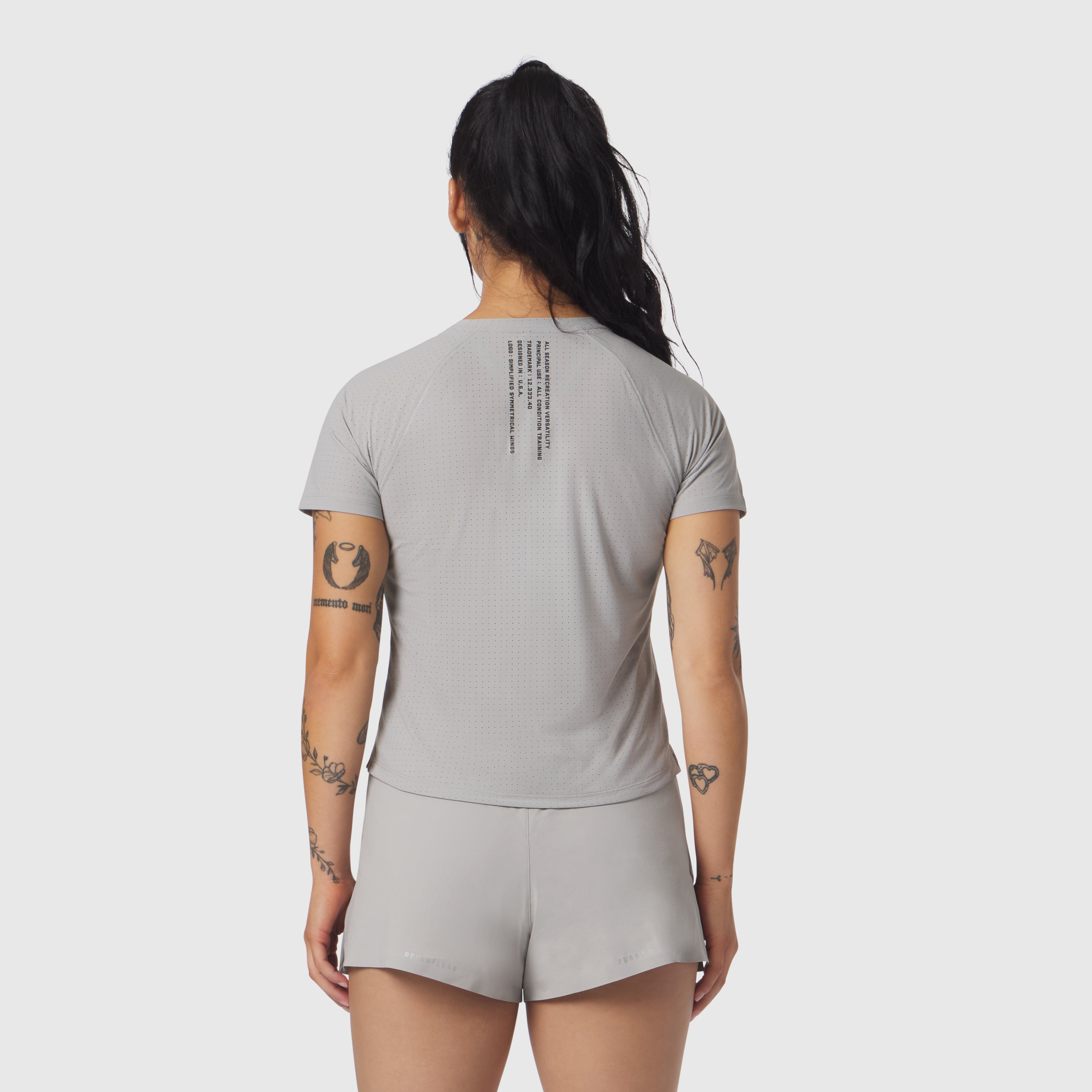 Laser-Vent Established Tee in slate grey, back view on model with matching shorts