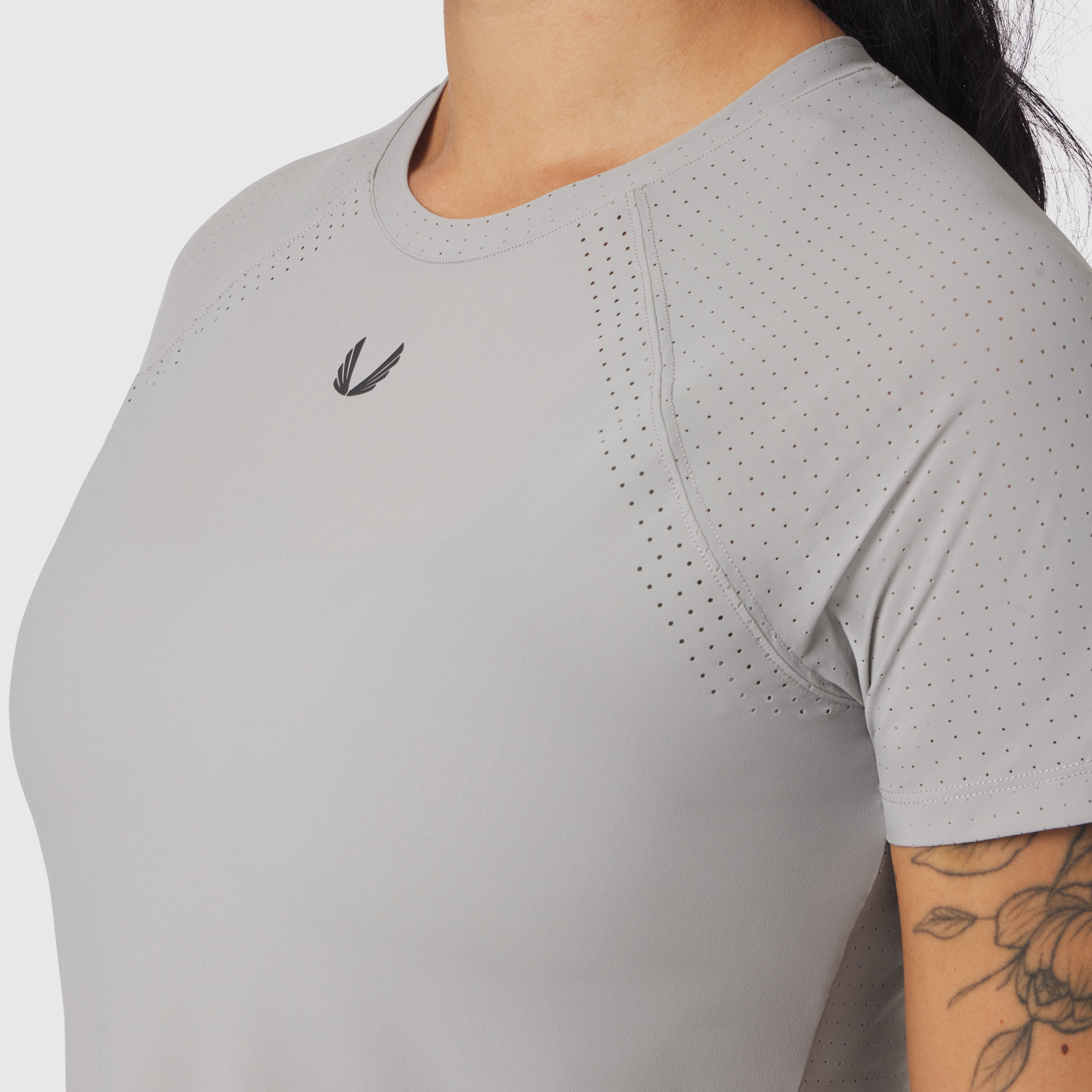 Laser-Vent Established Tee in slate grey, worn by model showing perforated fabric detail