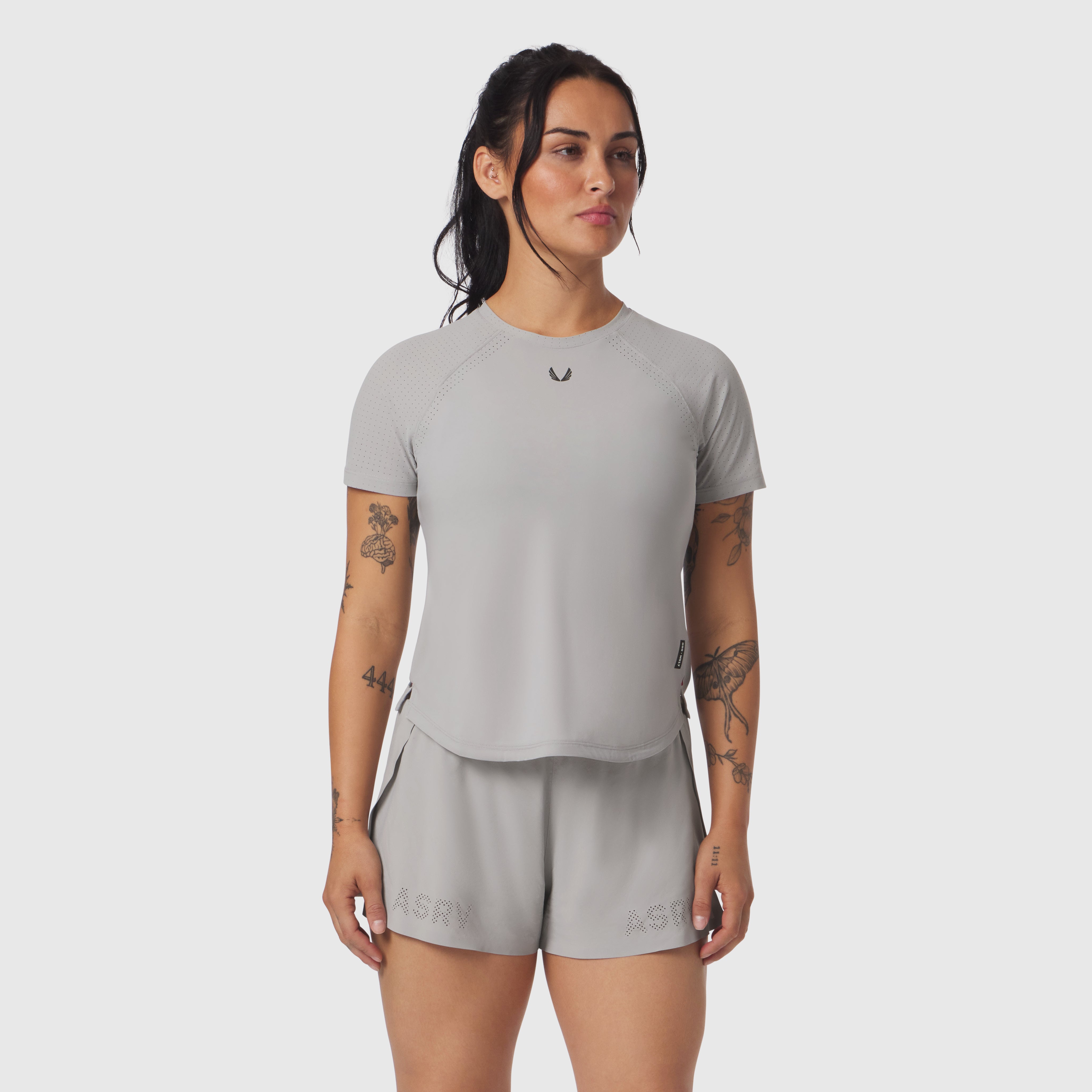 Laser-Vent Established Tee in slate grey worn by model, front view