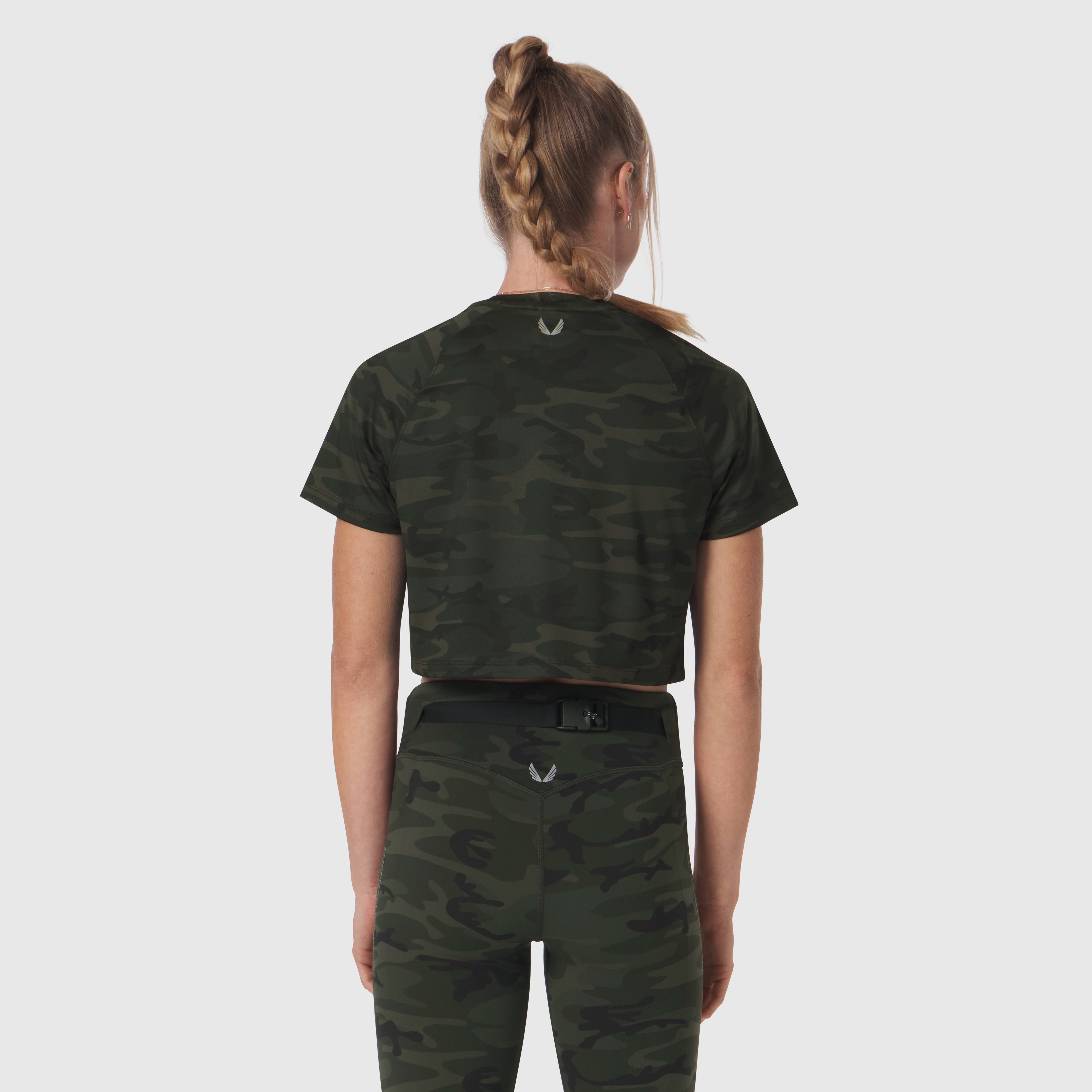 AeroSilver® Cropped Tee in Dark Camo worn by model, back view