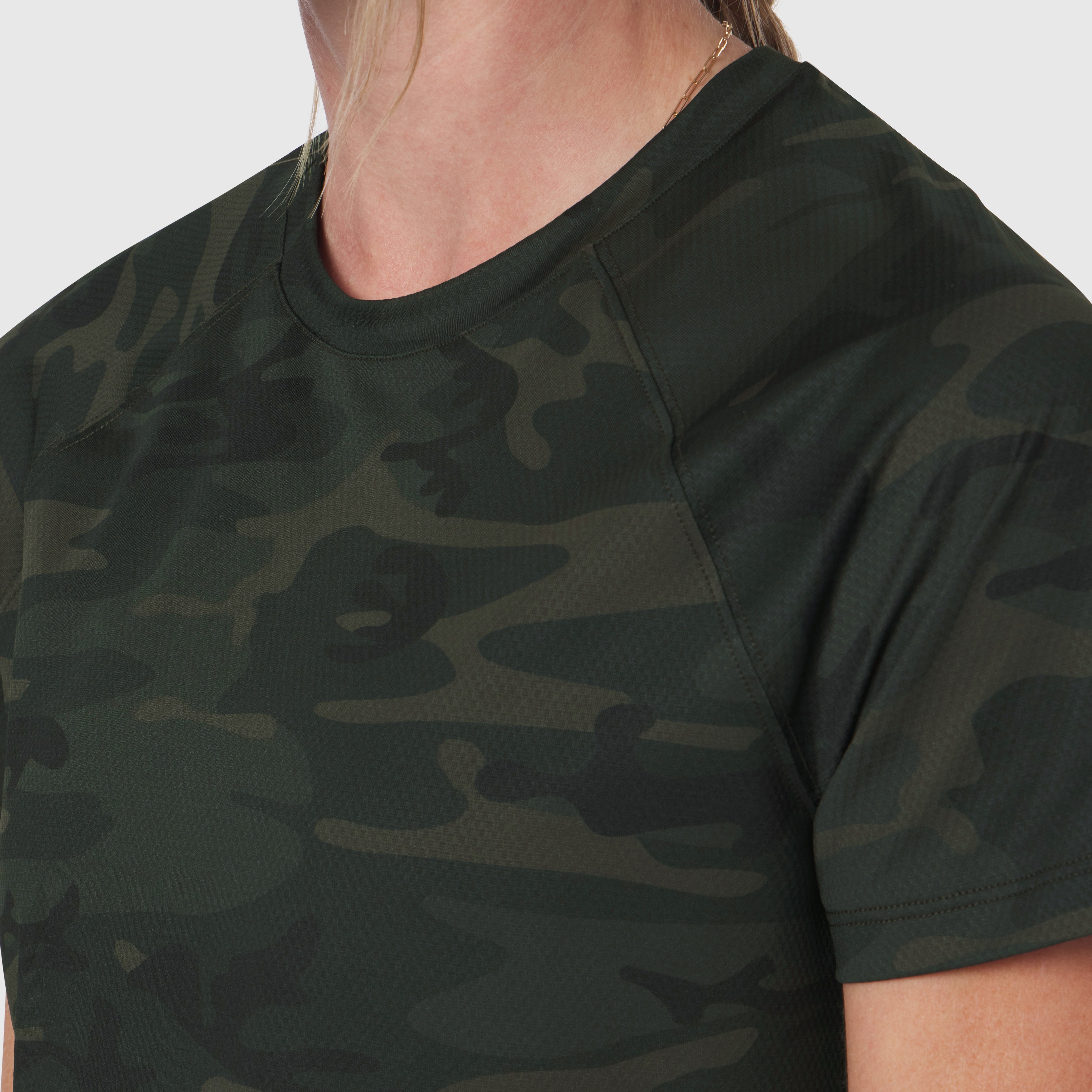 AeroSilver® Cropped Tee in Dark Camo worn by model, front detail view