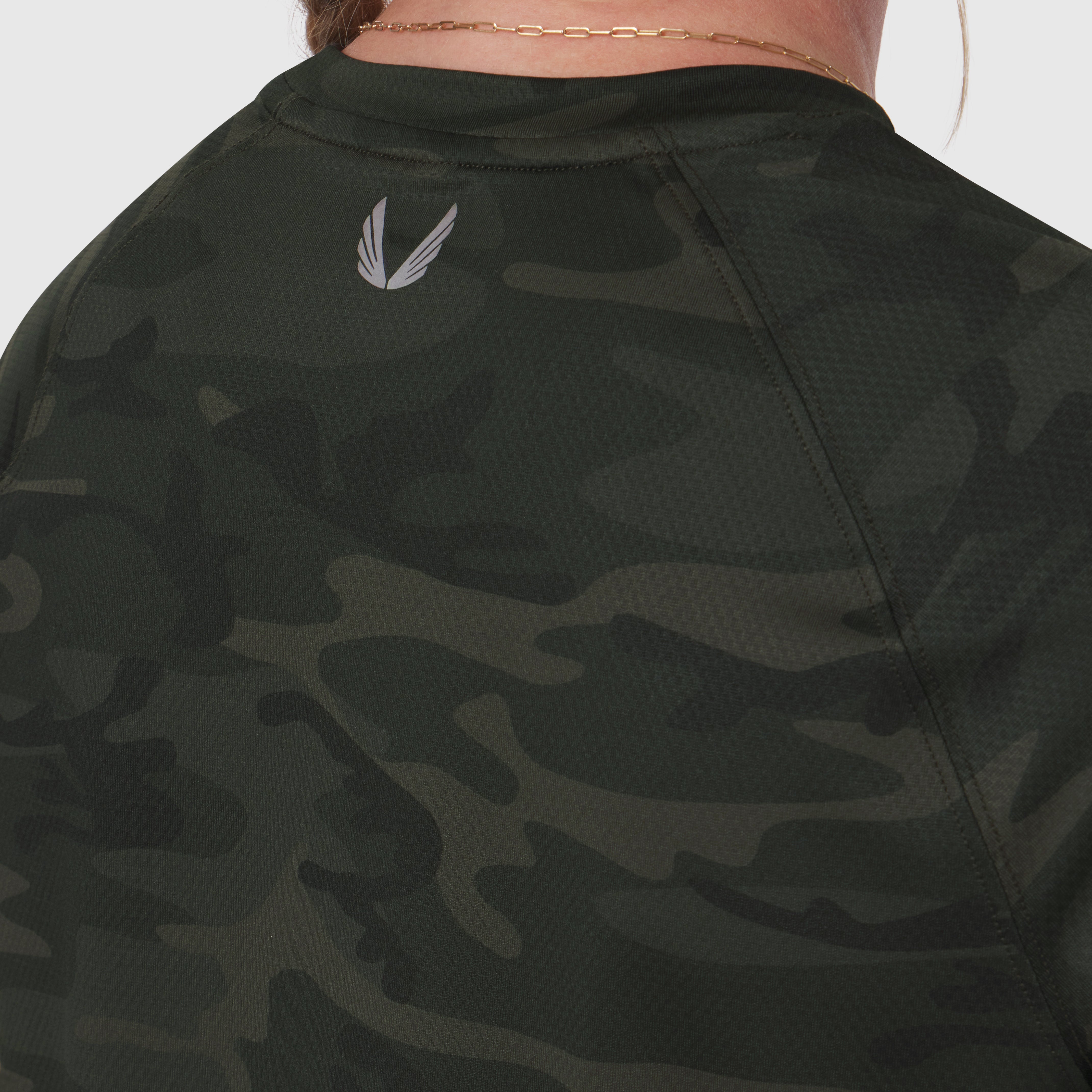 AeroSilver Cropped Tee in Dark Camo, back view on model