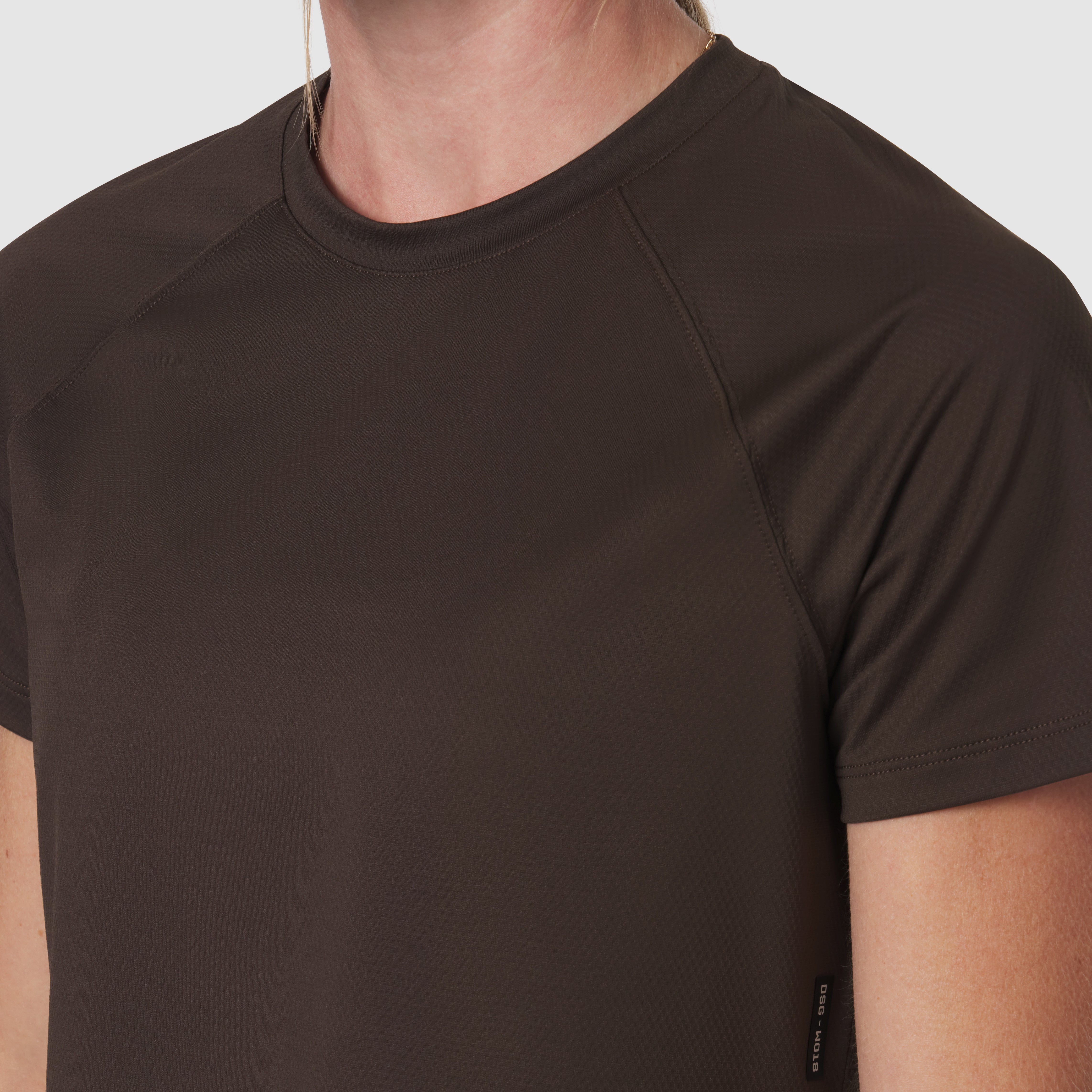 AeroSilver Cropped Tee in Dark Earth worn by model, front view