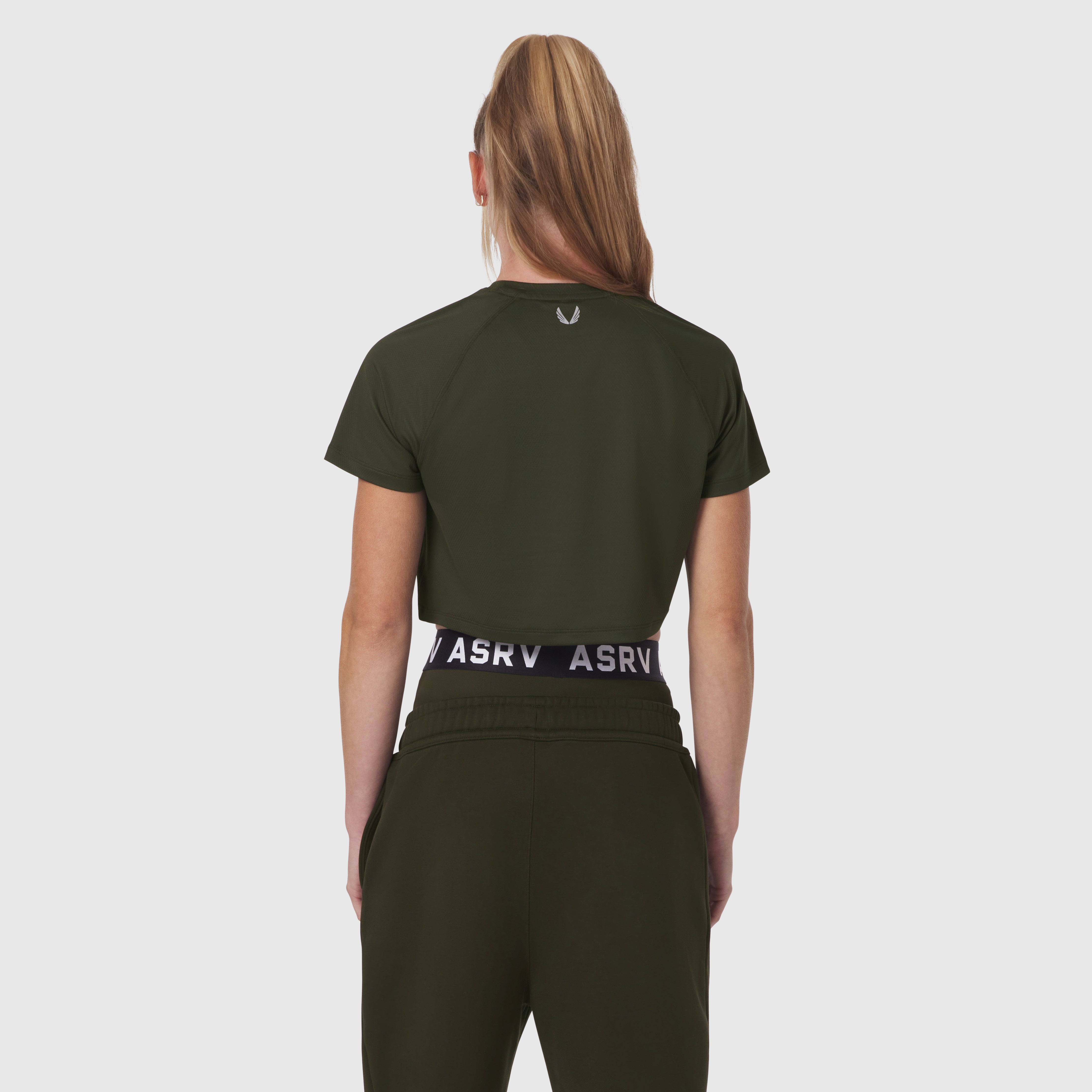 AeroSilver® Cropped Tee in olive worn by model, back view