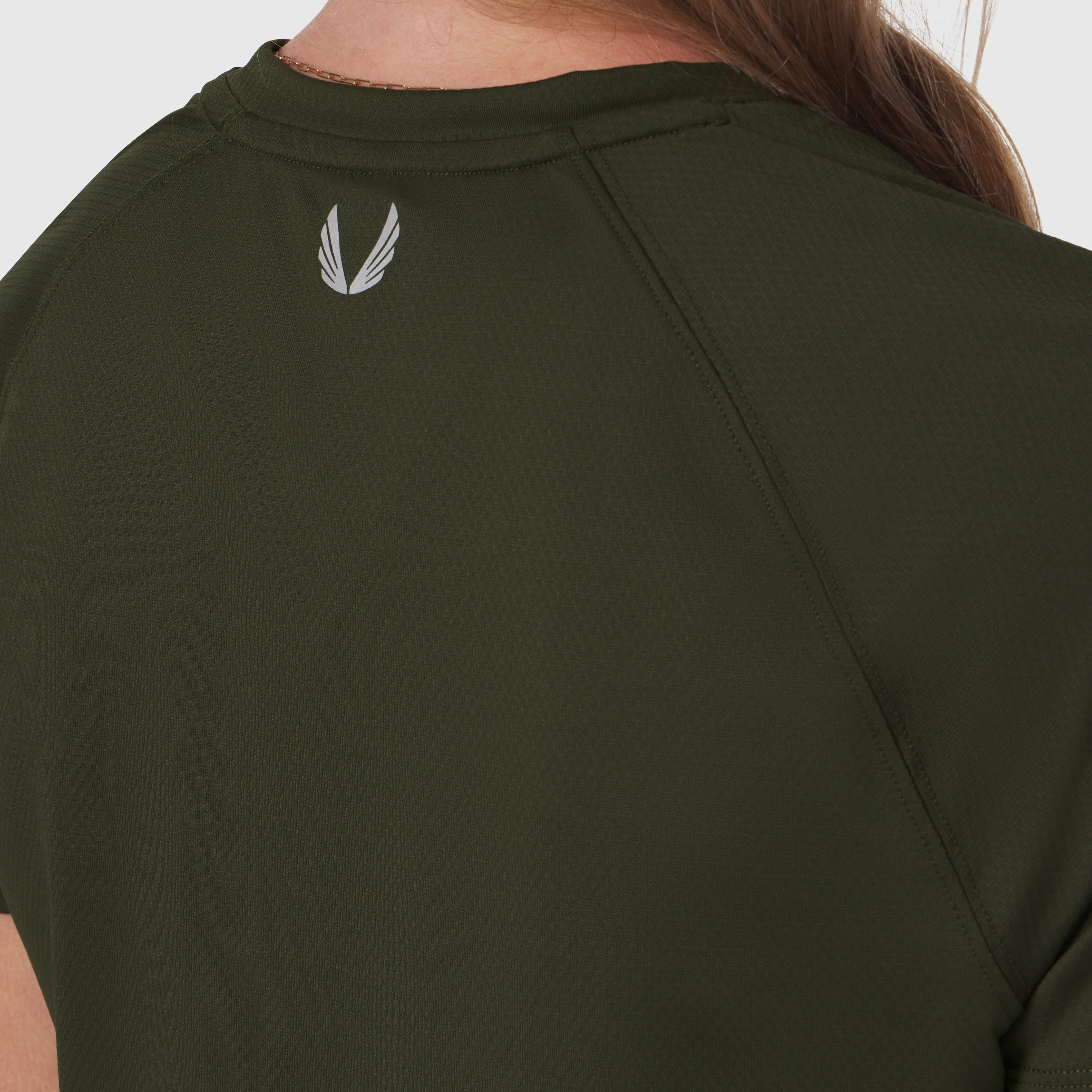 AeroSilver® Cropped Tee in olive, back view on model