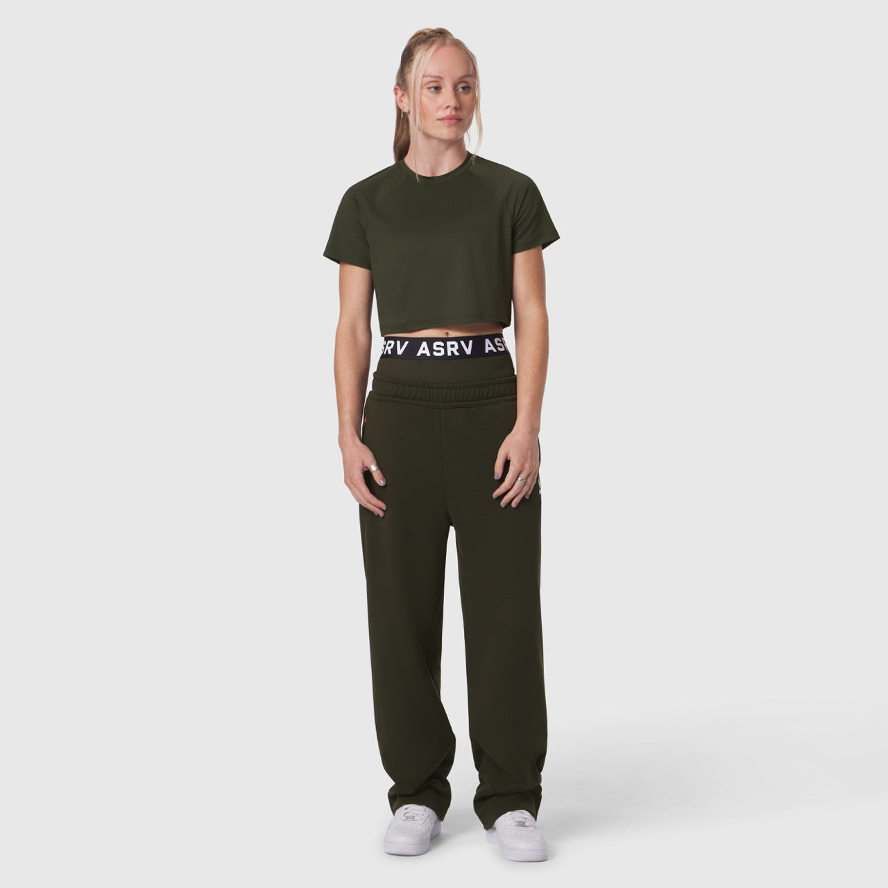 AeroSilver Cropped Tee in olive worn with matching joggers, front view
