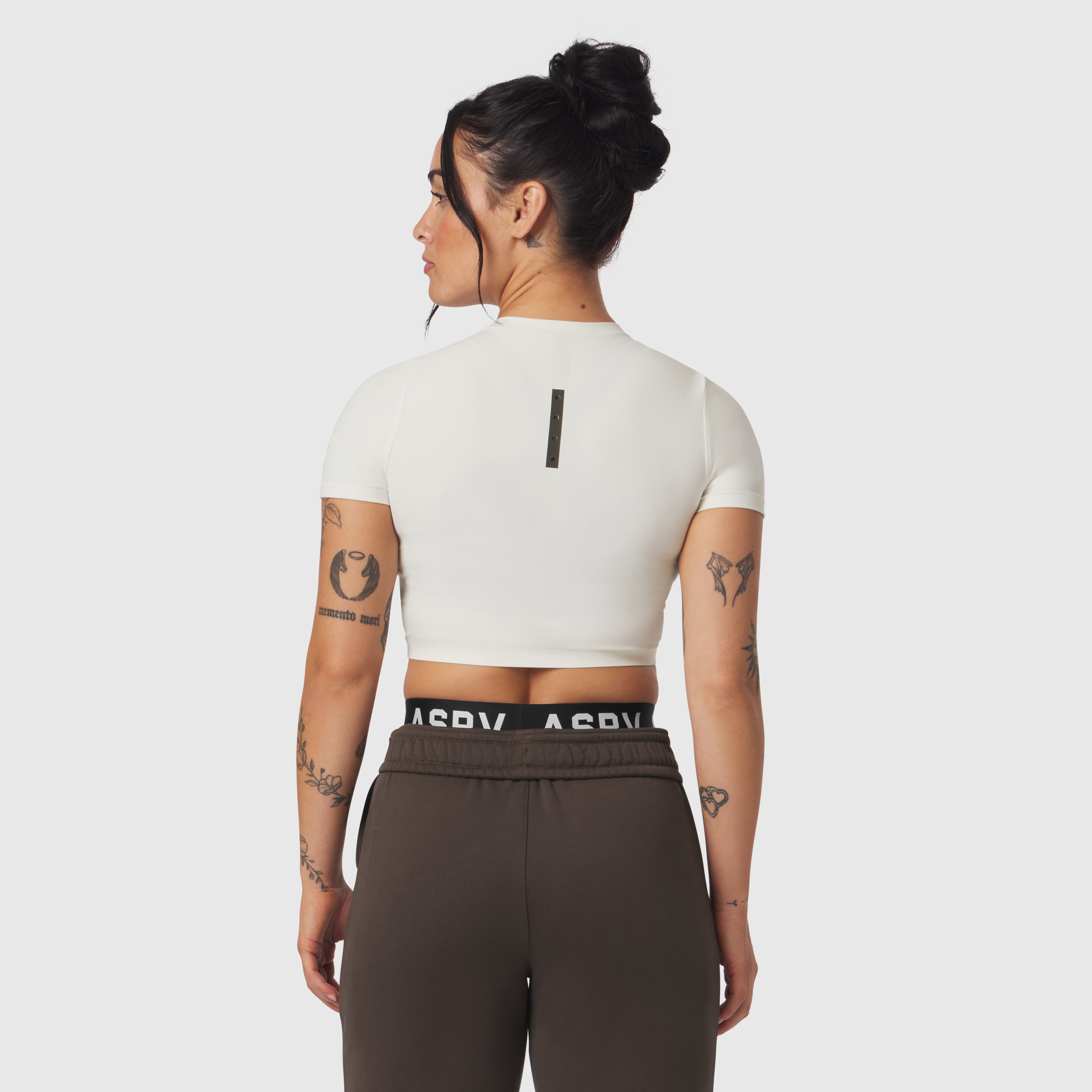 LYCRA® Cropped Tee in ivory cream worn by model, back view