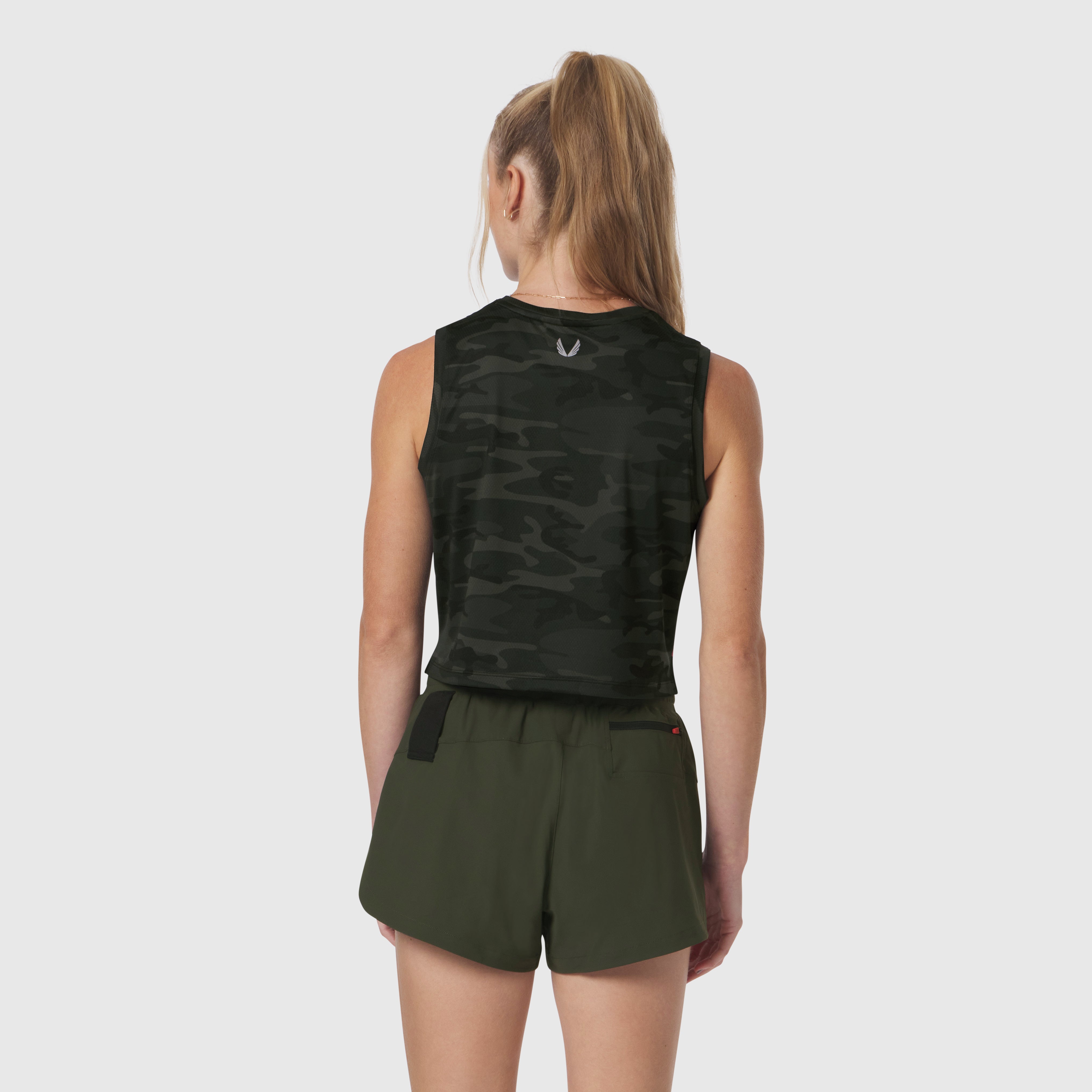 W020 AeroSilver Tank Top in dark camo worn by model, back view