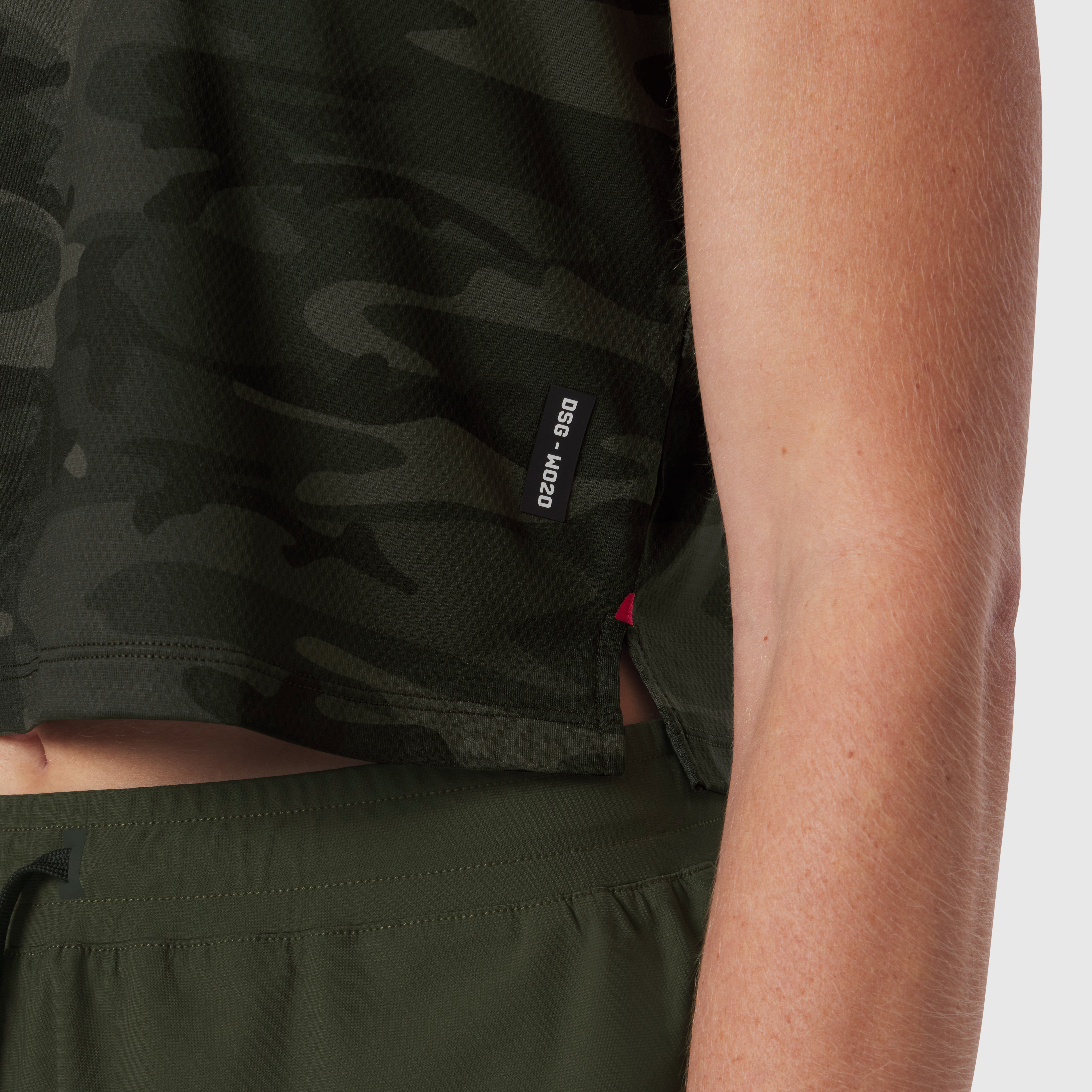 AeroSilver® Tank Top in Dark Camo worn by model, side detail view