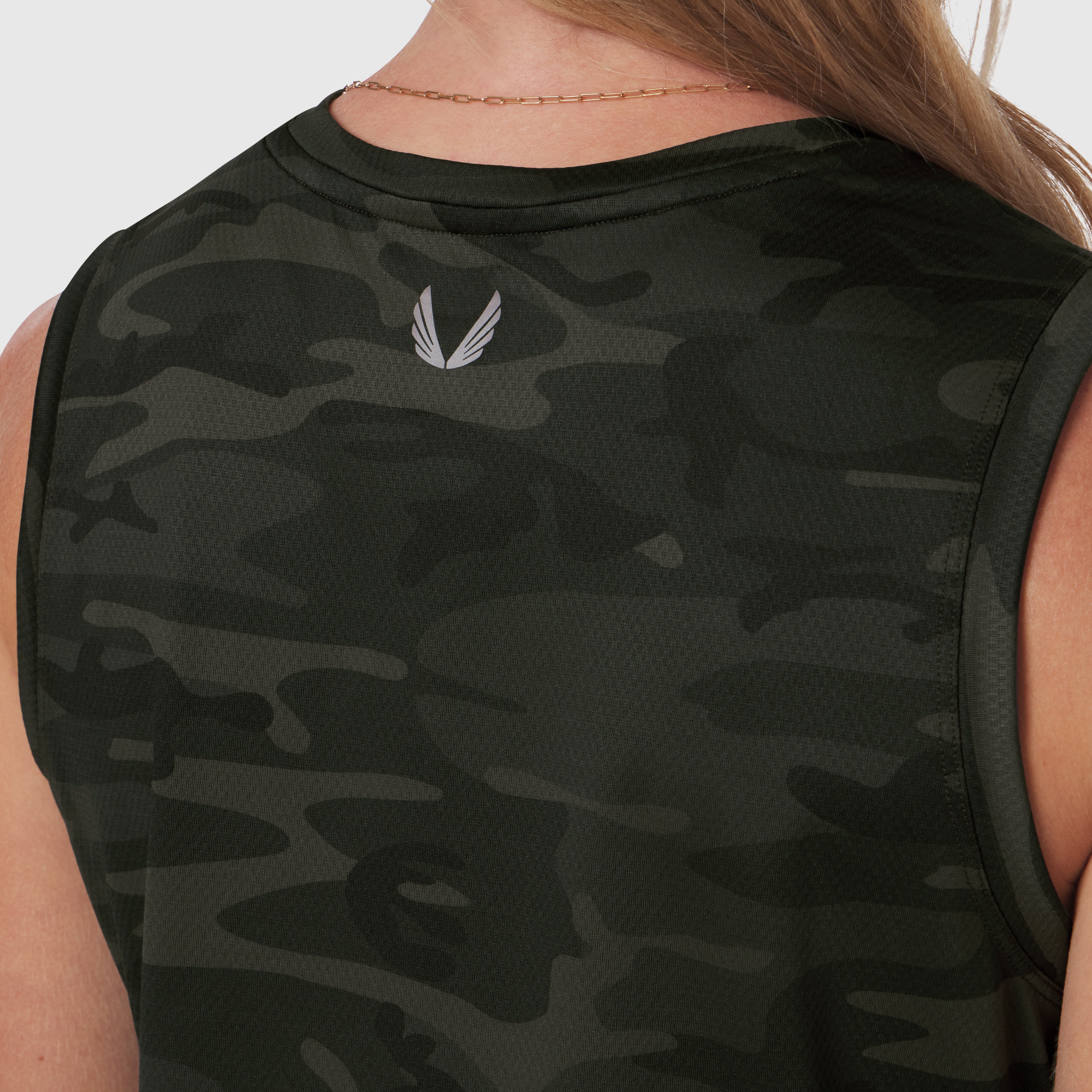 AeroSilver Tank Top in dark camo worn by model, back view showing logo