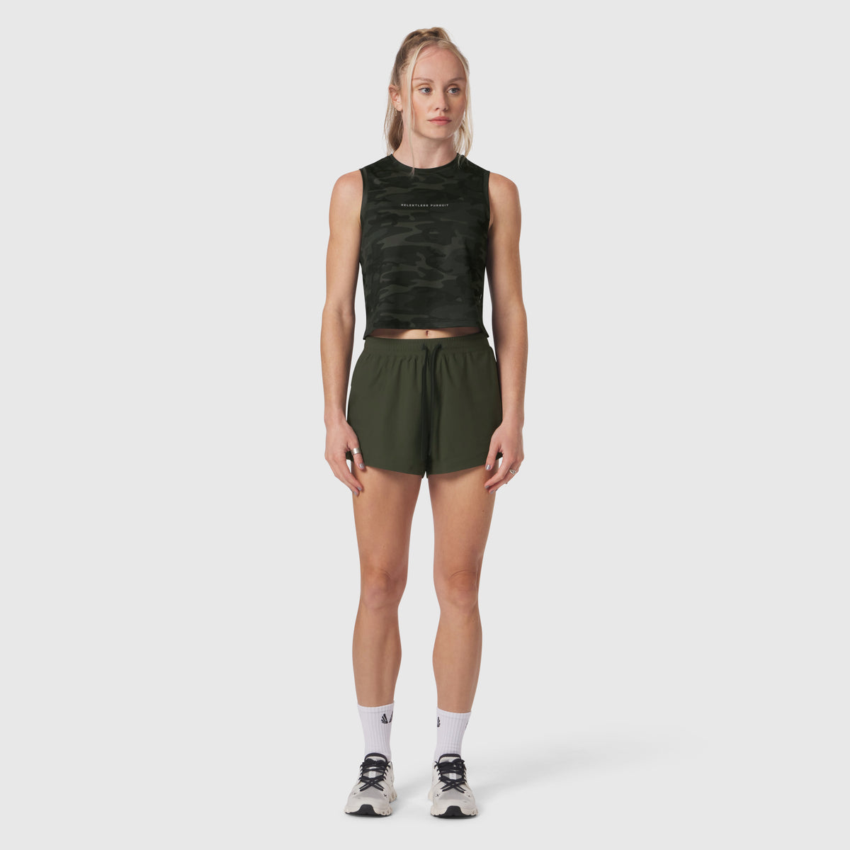 AeroSilver® Tank Top in dark camo worn with olive shorts, front view on model