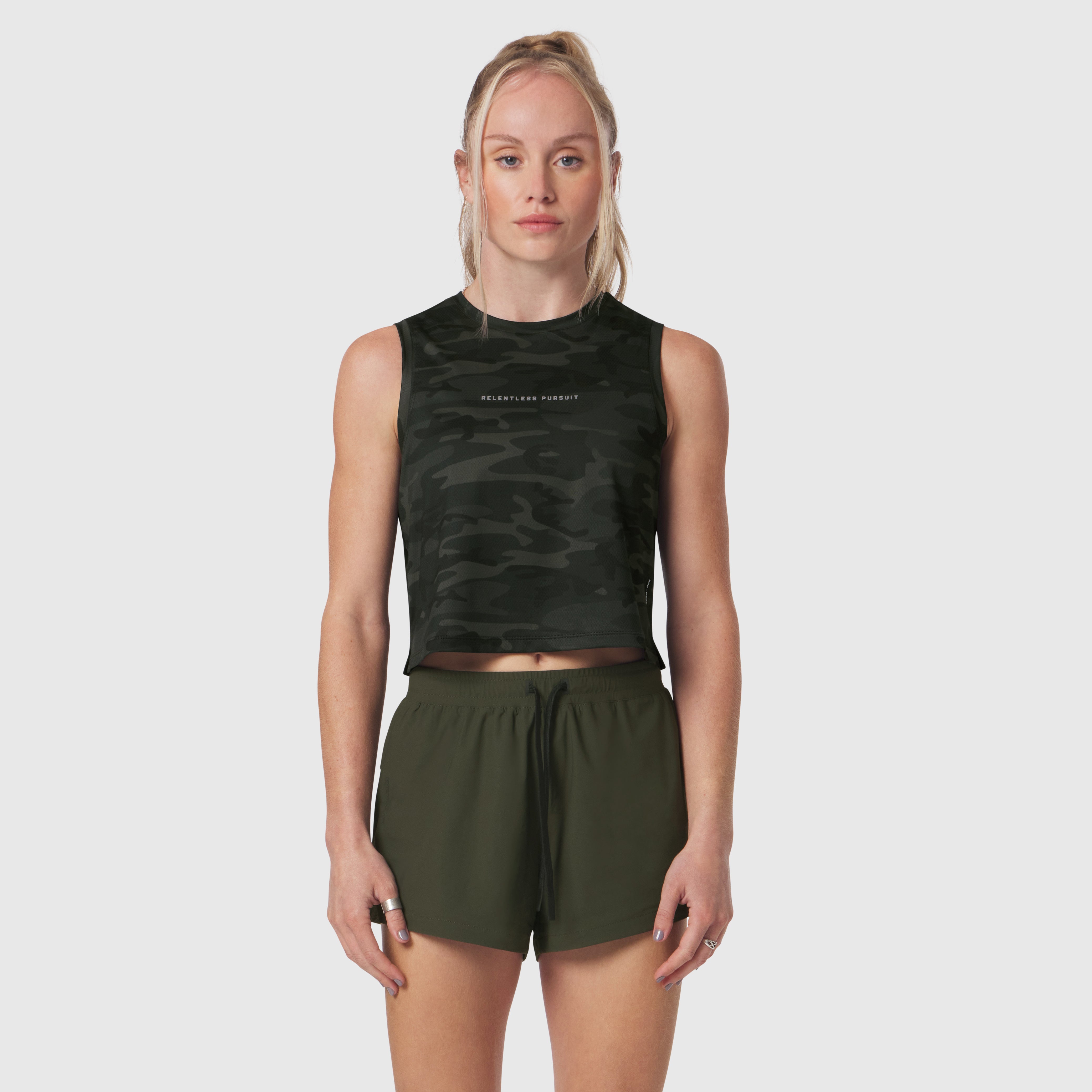 AeroSilver Tank Top in dark camo worn with olive shorts, front view