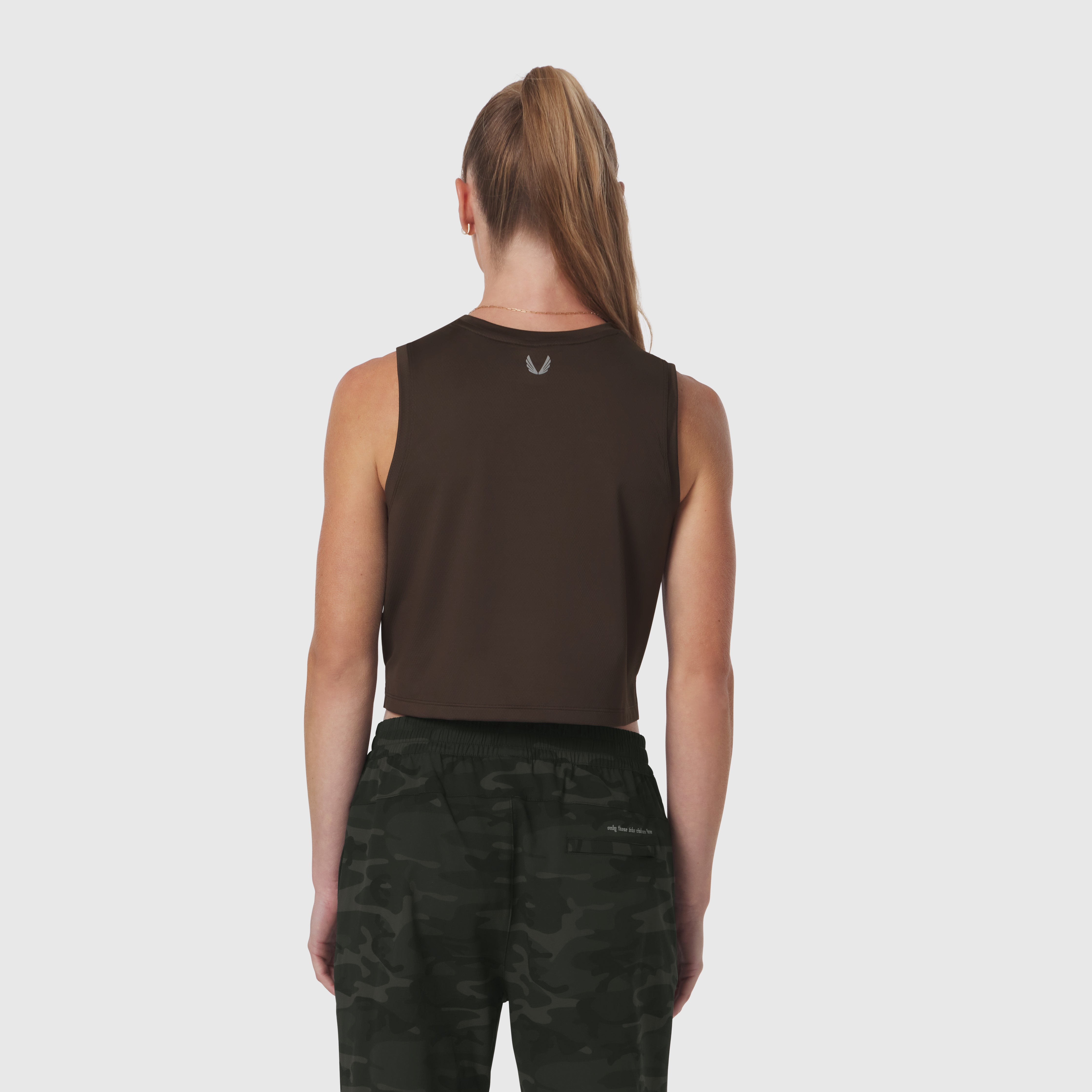 AeroSilver® Tank Top in dark earth, worn by model shown from back view